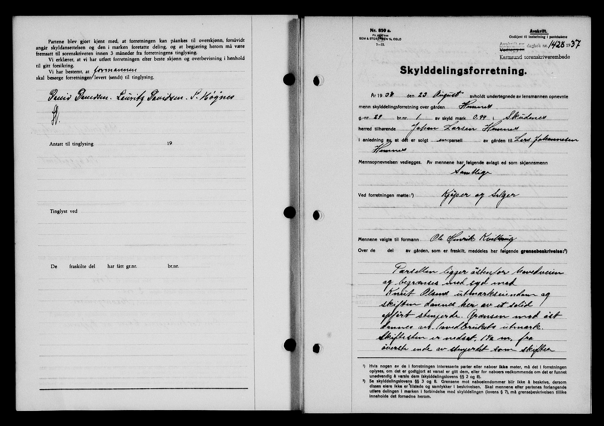 Karmsund sorenskriveri, SAST/A-100311/01/II/IIB/L0068: Pantebok nr. 49A, 1937-1937, Dagboknr: 1428/1937