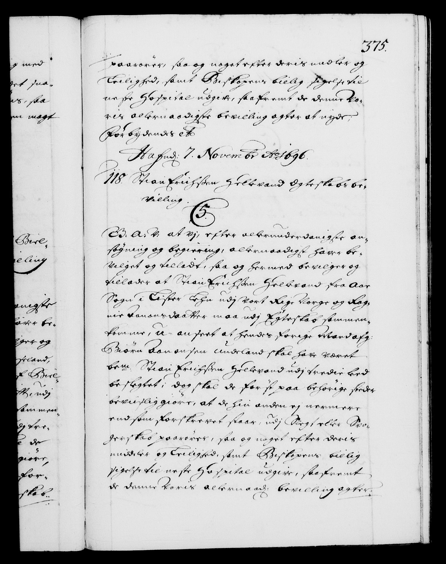Danske Kanselli 1572-1799, RA/EA-3023/F/Fc/Fca/Fcaa/L0016: Norske registre (mikrofilm), 1692-1697, s. 375a