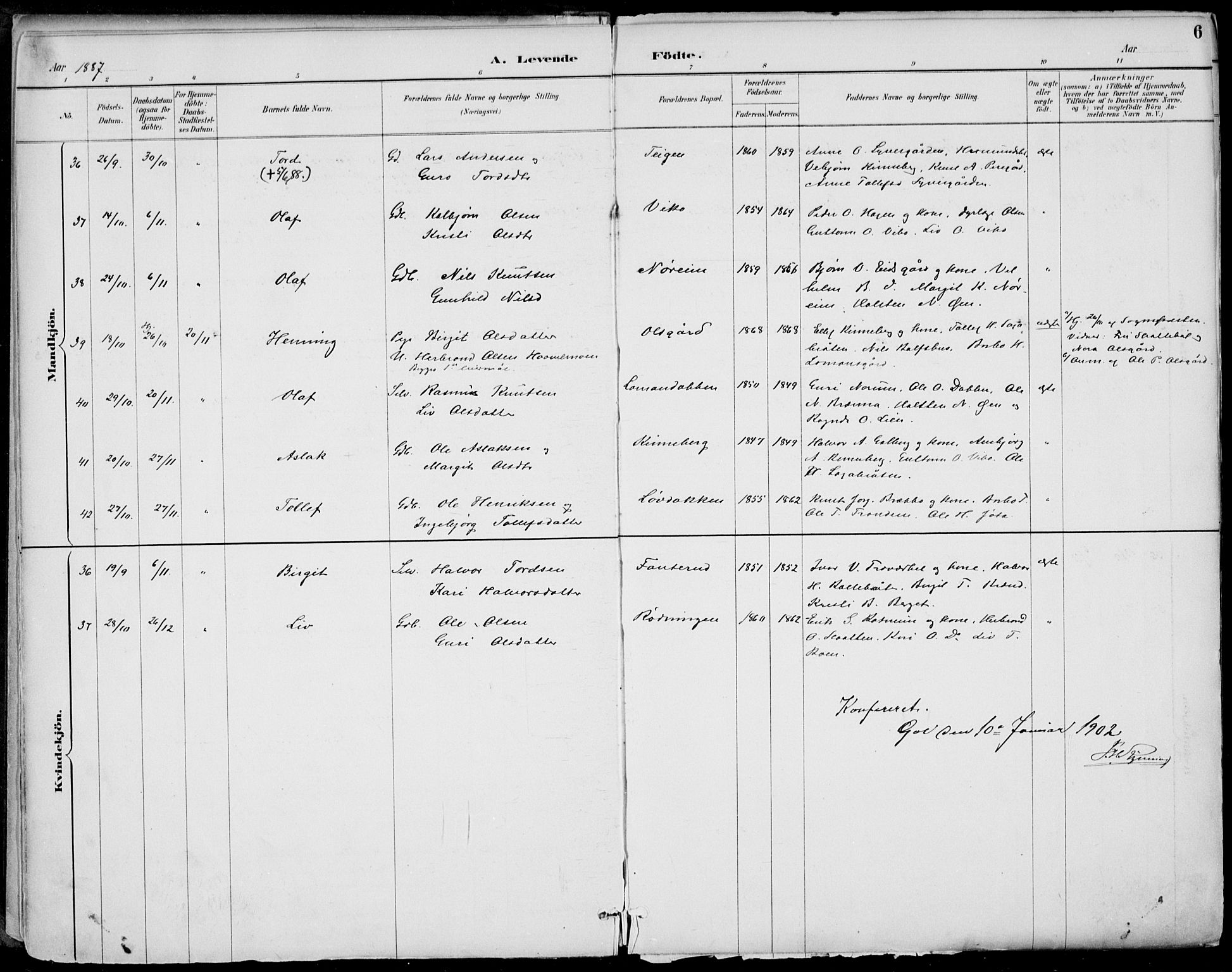 Gol kirkebøker, AV/SAKO-A-226/F/Fa/L0005: Ministerialbok nr. I 5, 1887-1900, s. 6