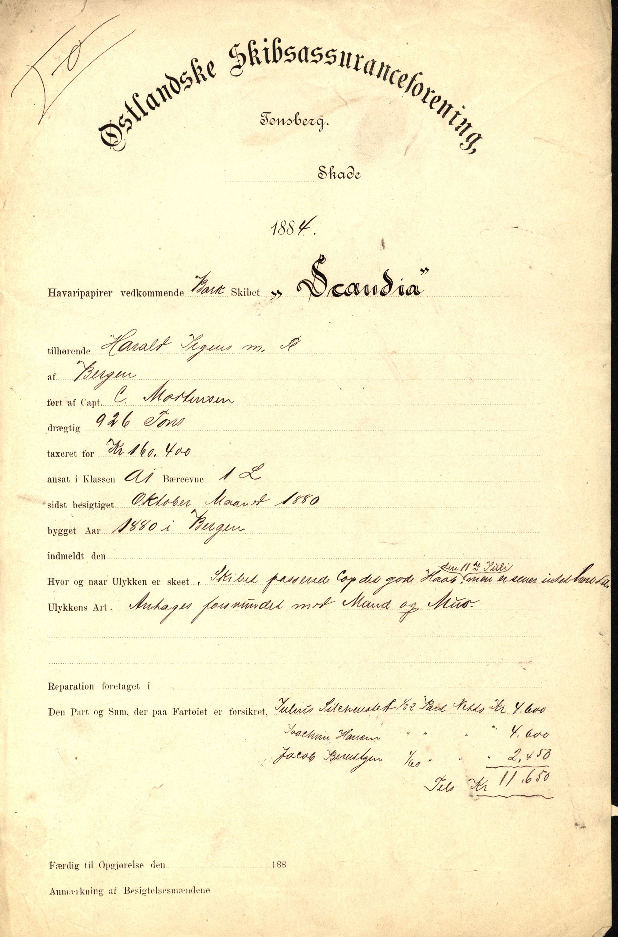 Pa 63 - Østlandske skibsassuranceforening, VEMU/A-1079/G/Ga/L0017/0005: Havaridokumenter / Signe, Hurra, Activ, Sjofna, Senior, Scandia, 1884, s. 83