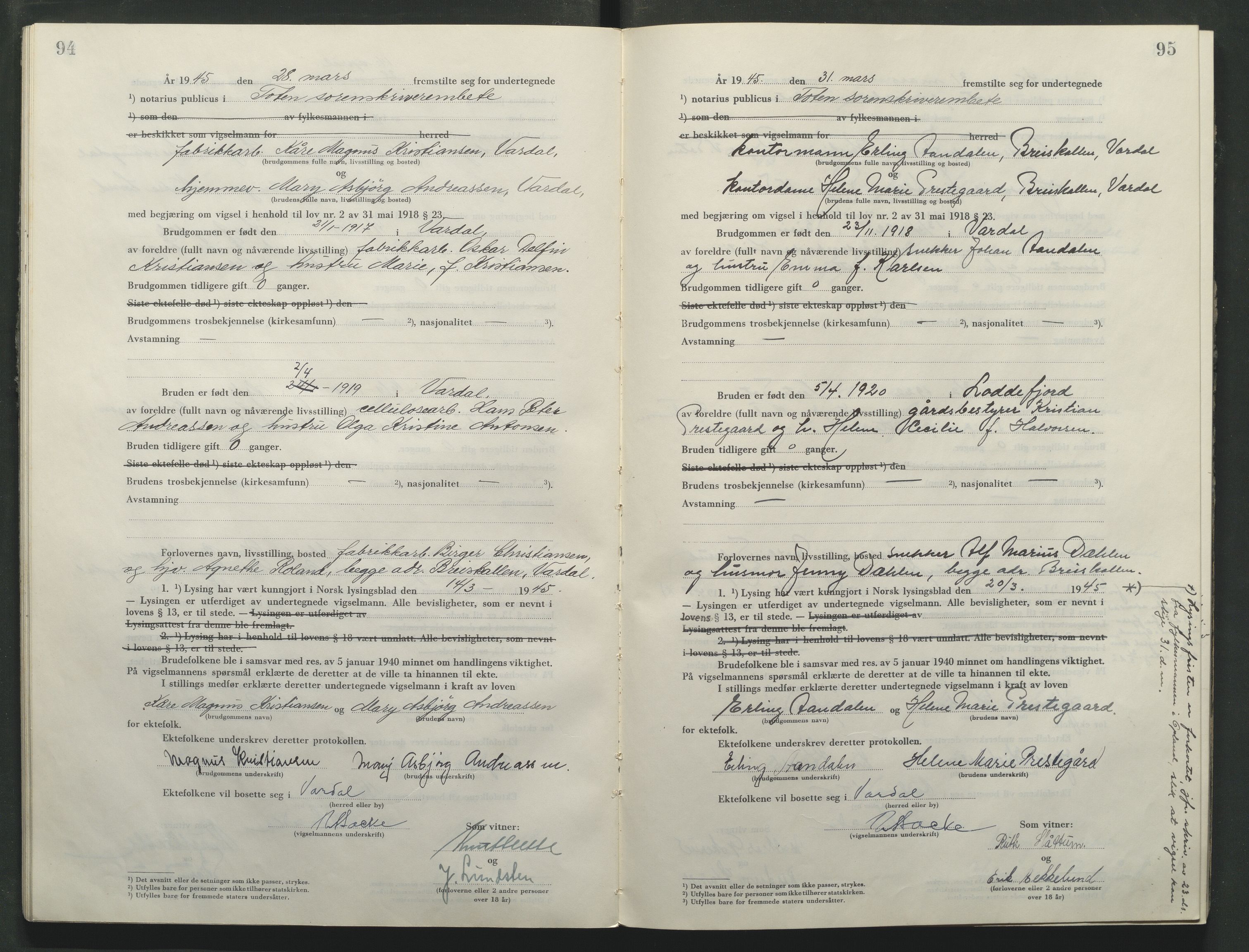 Toten tingrett, AV/SAH-TING-006/L/Lc/L0005: Vigselbok, 1944-1948, s. 94-95