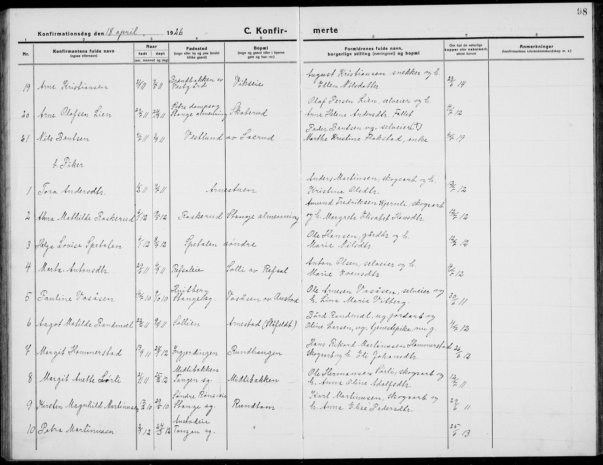 Stange prestekontor, AV/SAH-PREST-002/L/L0017: Klokkerbok nr. 17, 1918-1936, s. 98