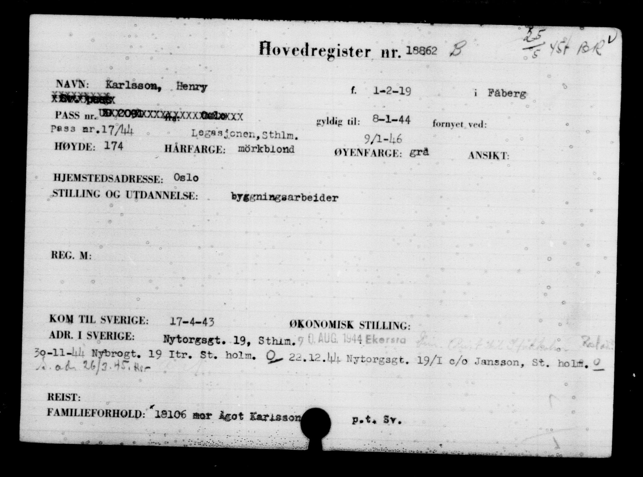Utenriksstasjonene, Legasjonen i Stockholm, Flyktningkontoret, AV/RA-S-6753/V/Va/L0009: Kjesäterkartoteket, flyktninger med registreringsnr. 18502-22048, 1940-1945, s. 430