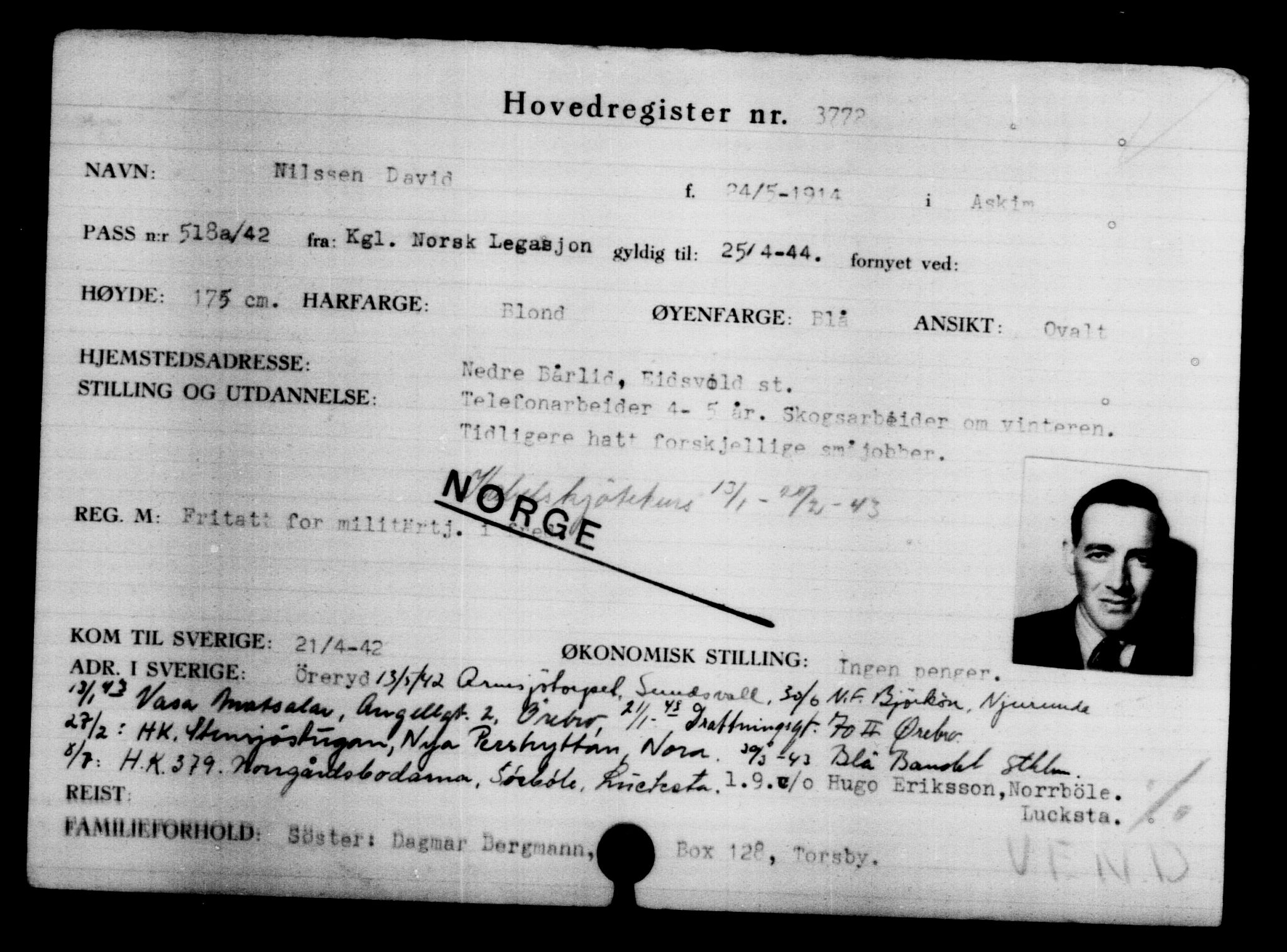 Utenriksstasjonene, Legasjonen i Stockholm, Flyktningkontoret, AV/RA-S-6753/V/Va/L0004: Kjesäterkartoteket, flyktninger med registreringsnr. 3496-6610, 1940-1945, s. 318