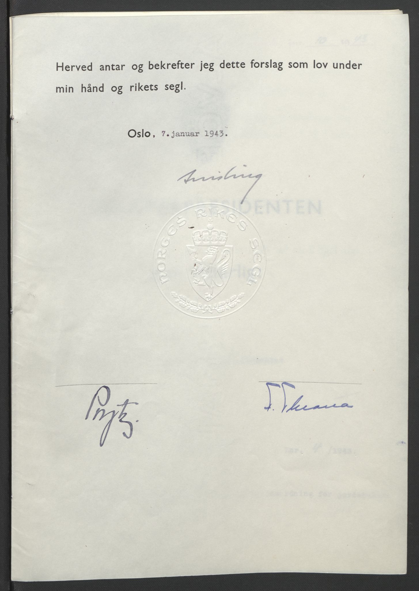 NS-administrasjonen 1940-1945 (Statsrådsekretariatet, de kommisariske statsråder mm), RA/S-4279/D/Db/L0099: Lover, 1943, s. 21