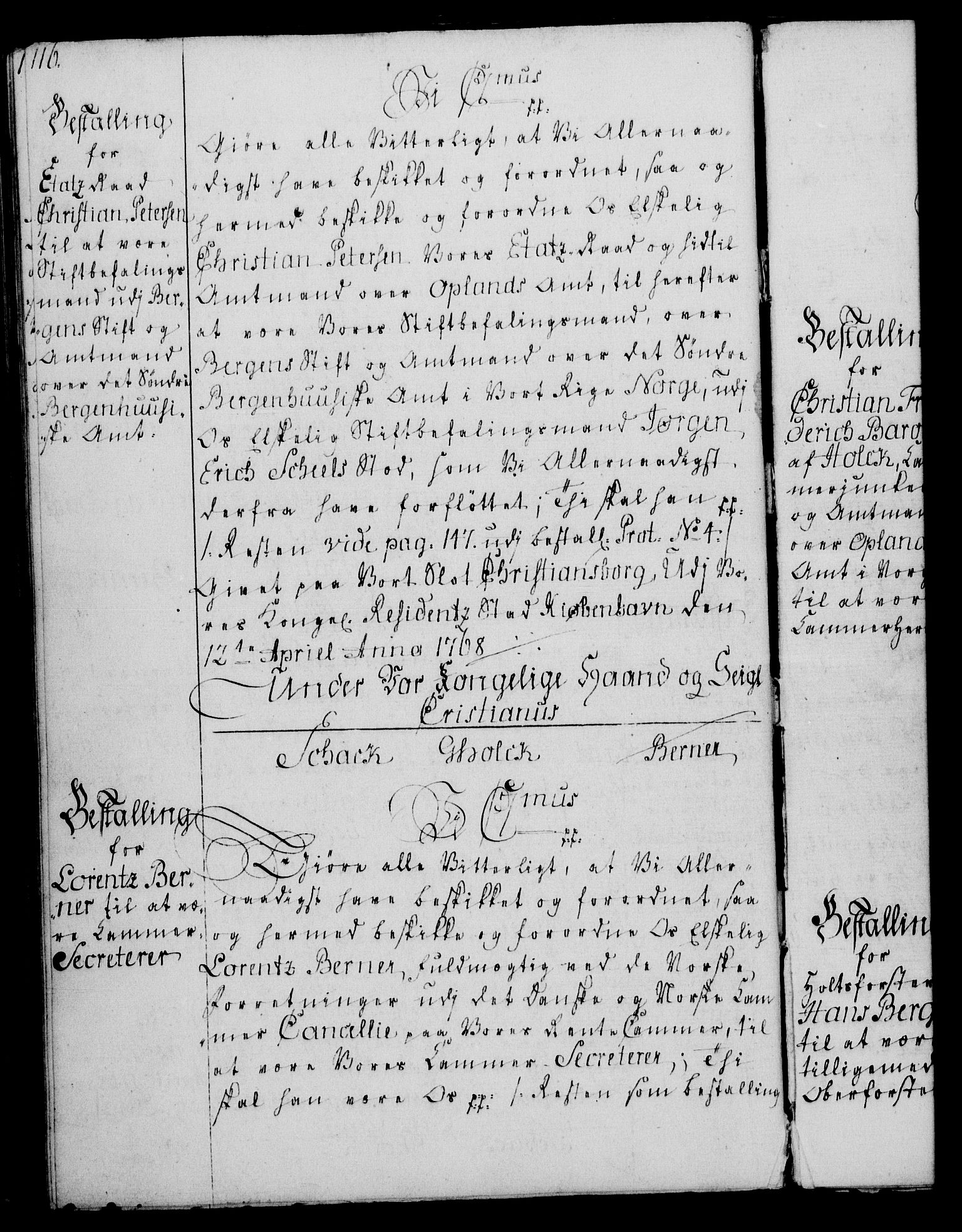 Rentekammeret, Kammerkanselliet, AV/RA-EA-3111/G/Gg/Gge/L0004: Norsk bestallingsprotokoll med register (merket RK 53.28), 1762-1771, s. 116