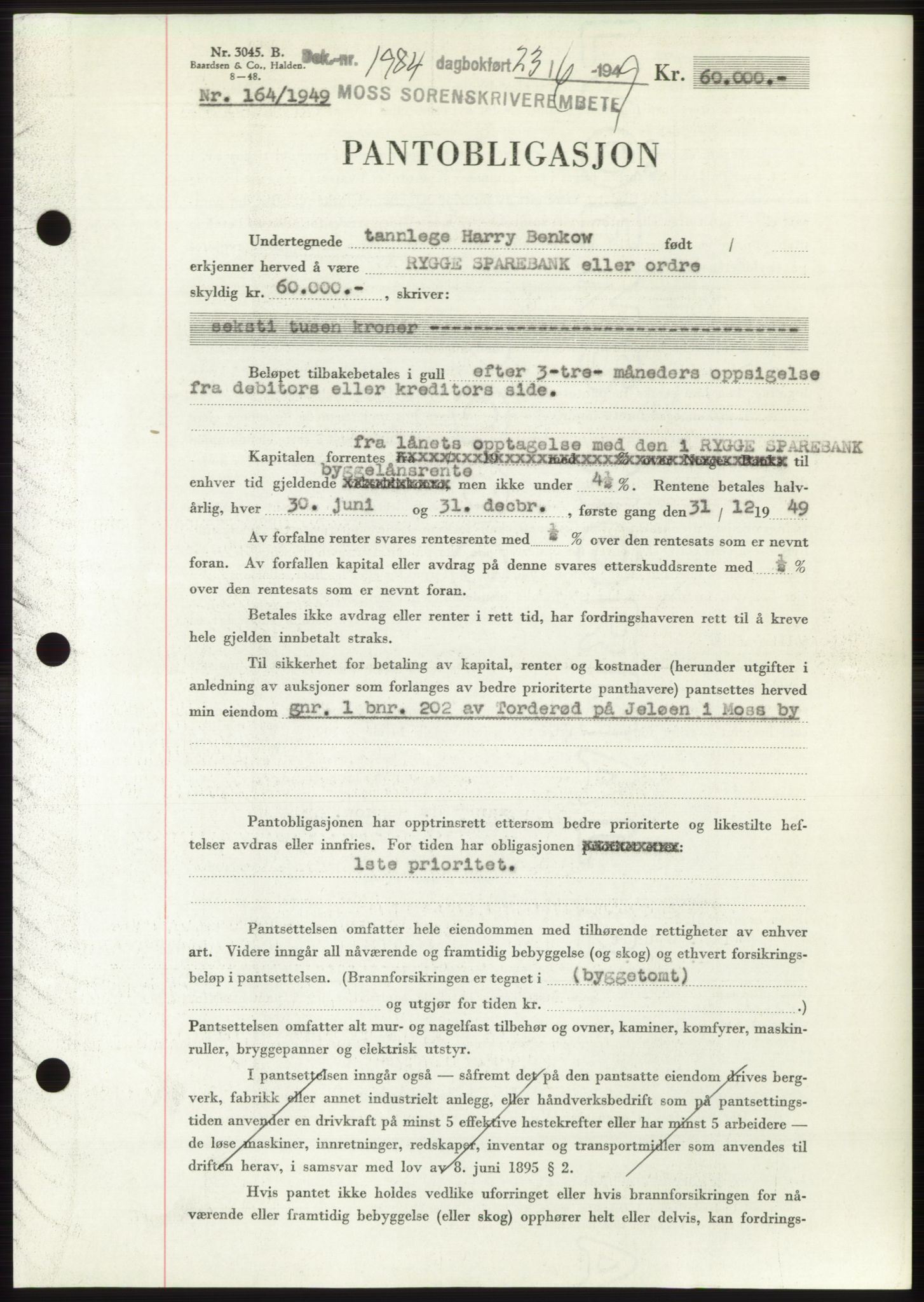 Moss sorenskriveri, SAO/A-10168: Pantebok nr. B22, 1949-1949, Dagboknr: 1984/1949