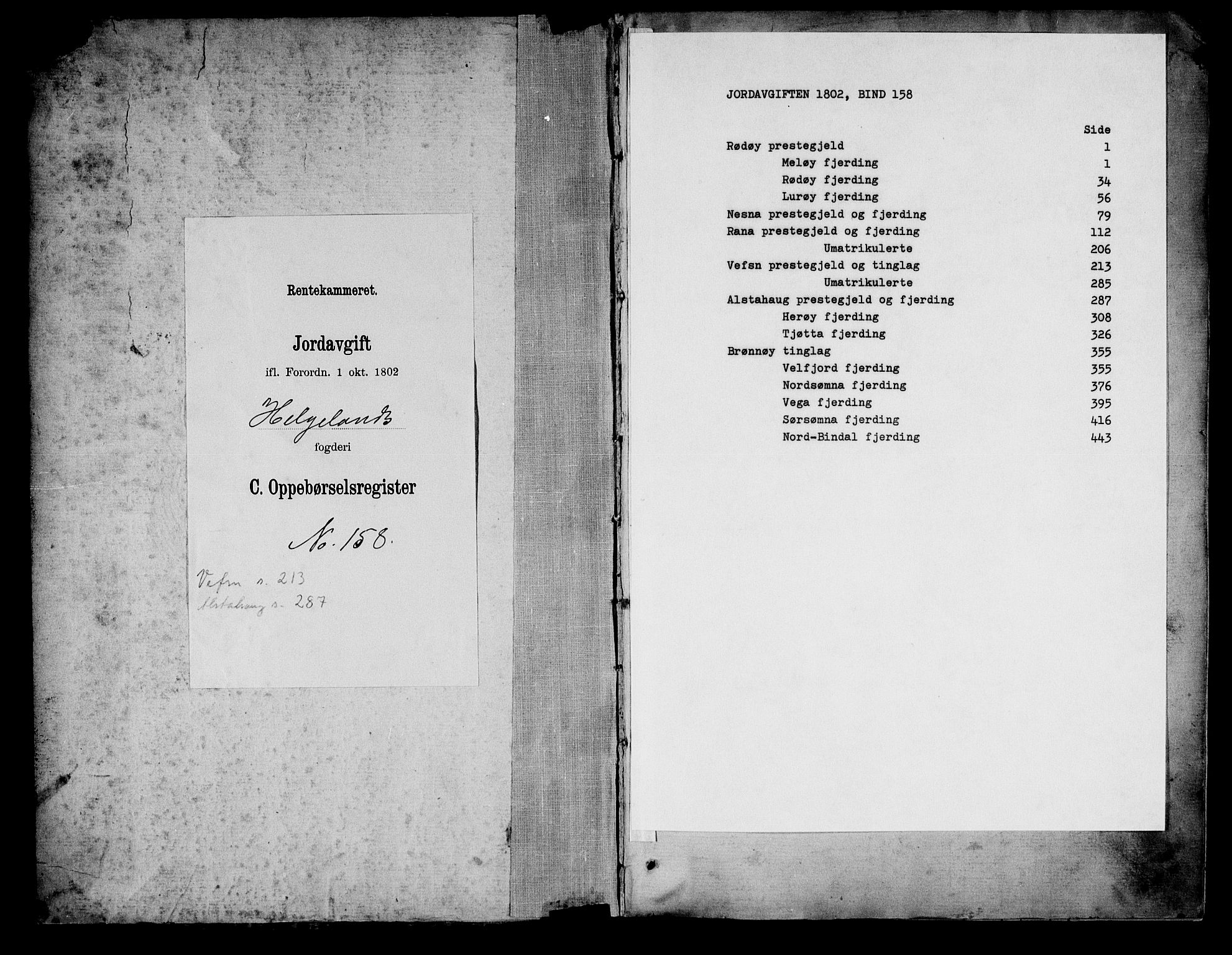 Rentekammeret inntil 1814, Realistisk ordnet avdeling, RA/EA-4070/N/Ne/Nea/L0158: Helgeland fogderi. Oppebørselsregister, 1803-1804, s. 1