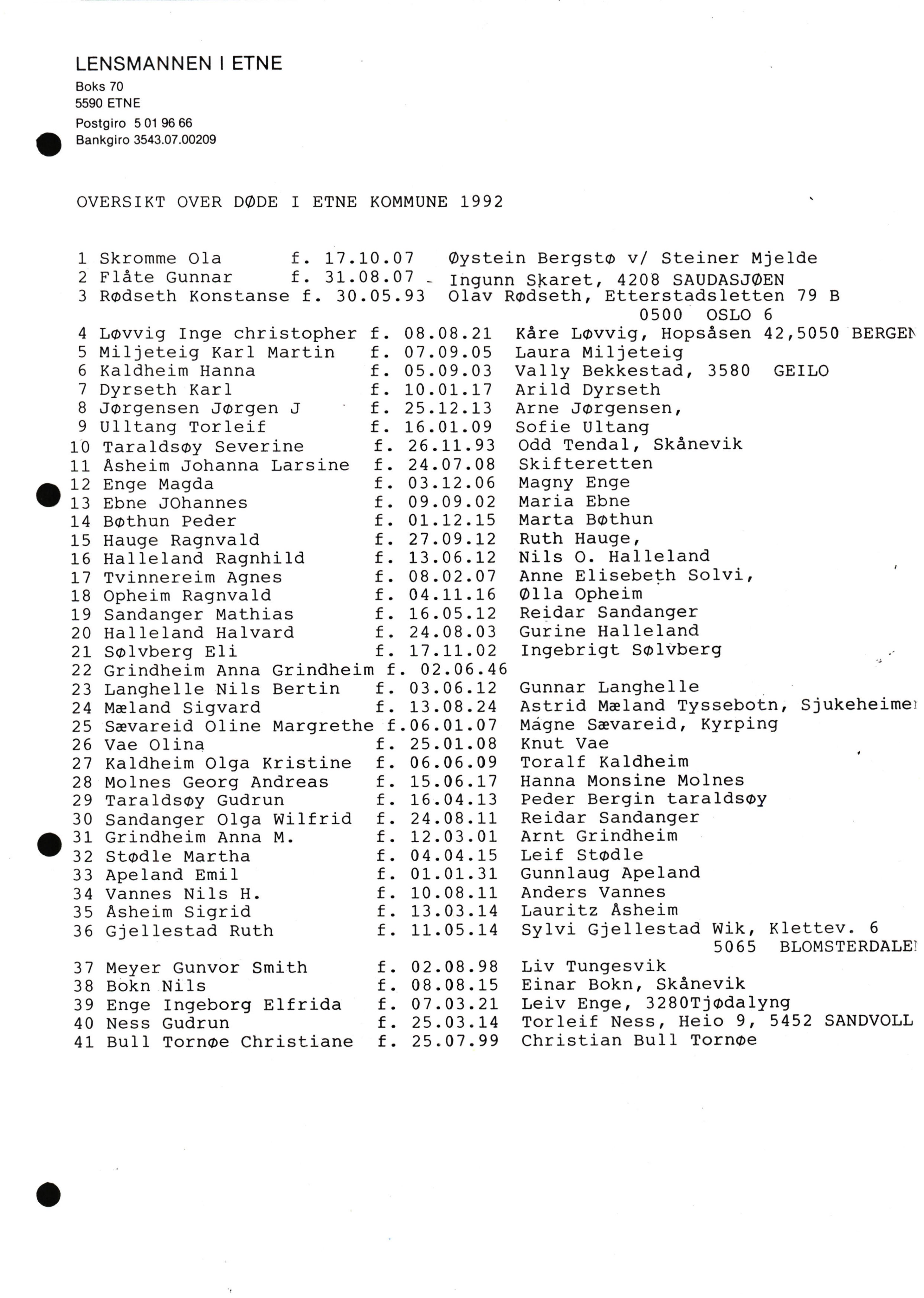 Lensmannen i Etne, AV/SAB-A-31601/0006/L0008: Dødsfallprotokoll, 1985-1991