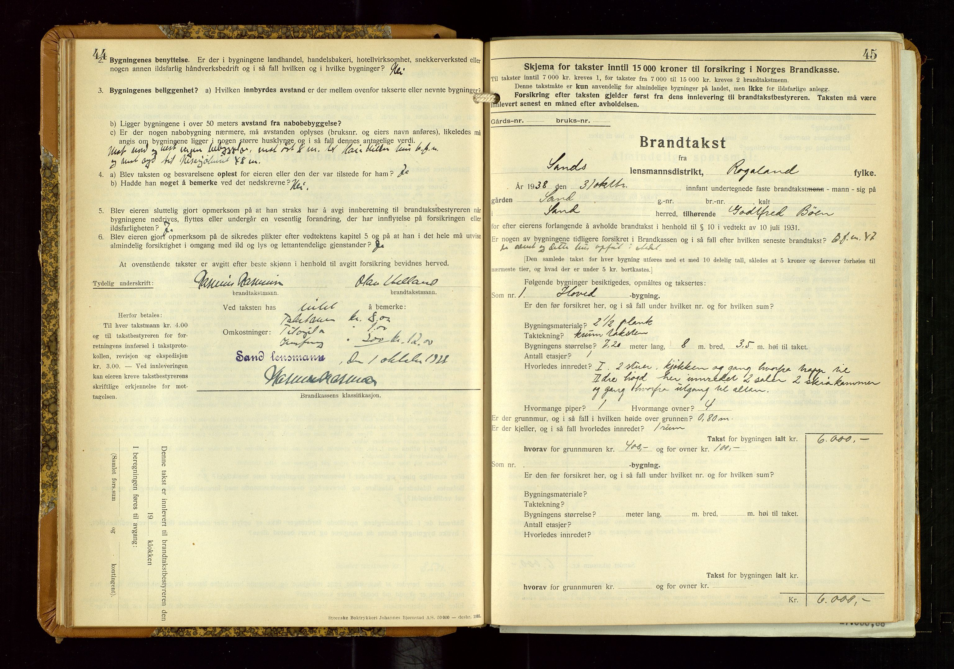 Sand lensmannskontor, AV/SAST-A-100415/Goc/L0002: "Brandtaxationsprotokol", 1936-1952, s. 44-45