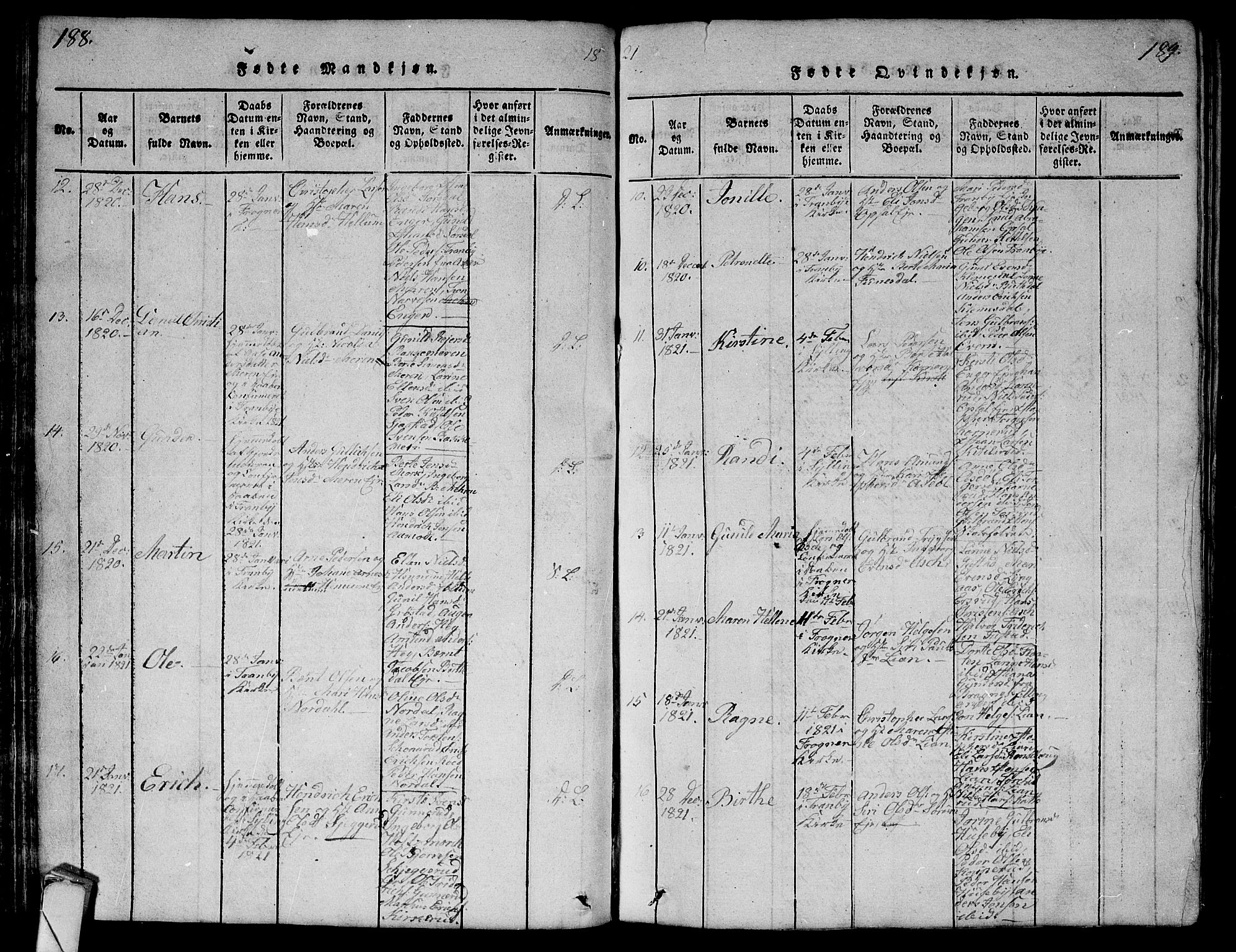 Lier kirkebøker, AV/SAKO-A-230/G/Ga/L0001: Klokkerbok nr. I 1, 1813-1824, s. 188-189