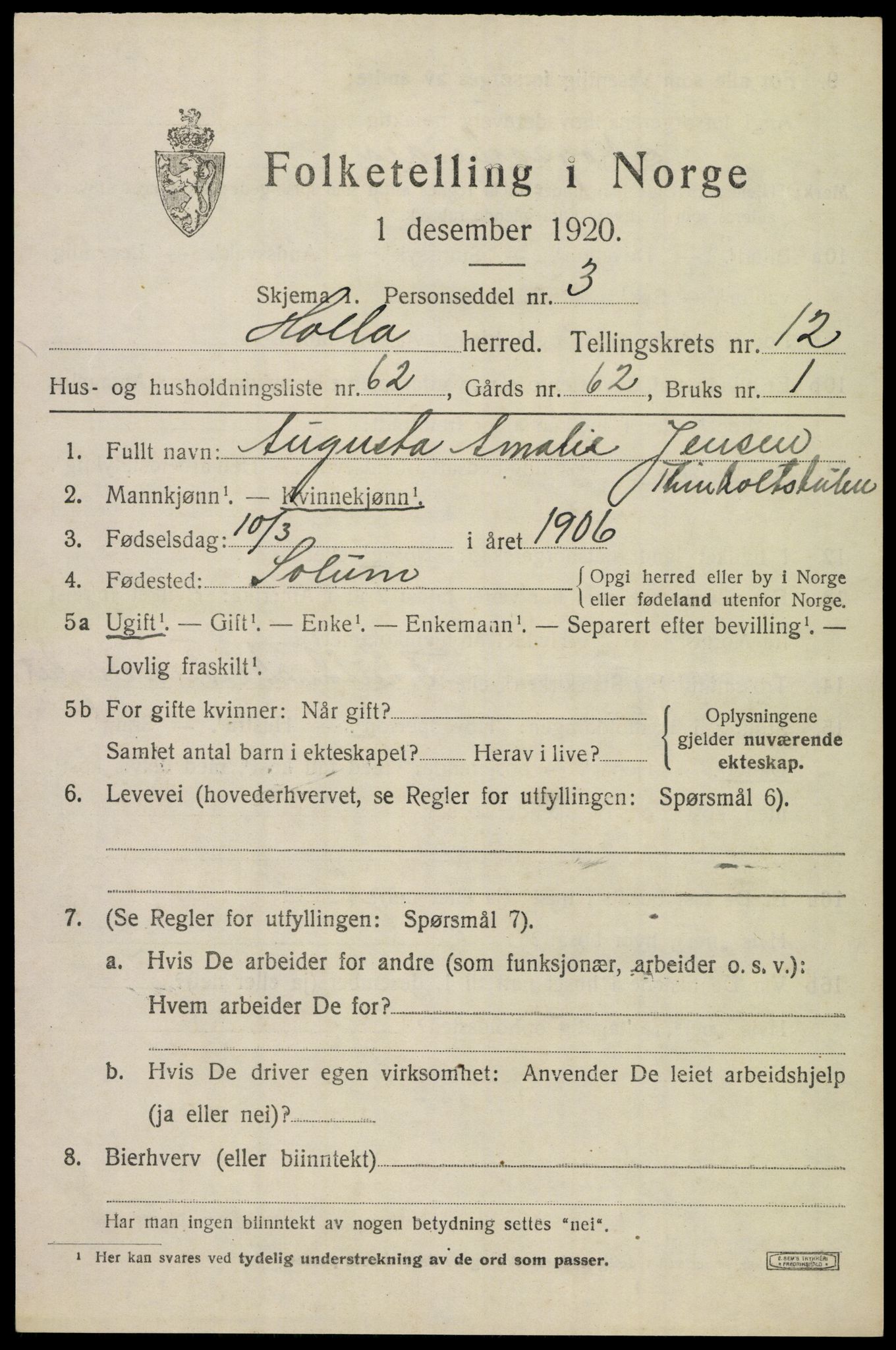 SAKO, Folketelling 1920 for 0819 Holla herred, 1920, s. 7931