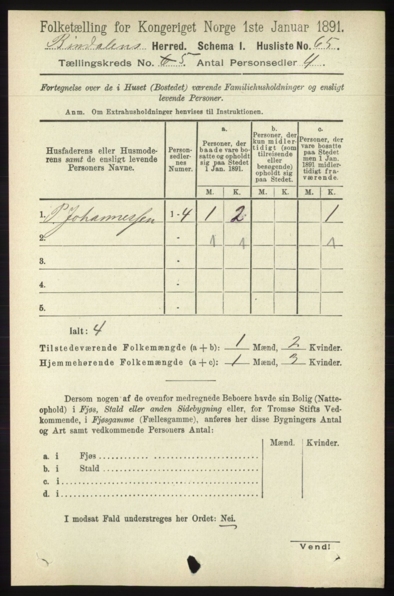 RA, Folketelling 1891 for 1811 Bindal herred, 1891, s. 1334