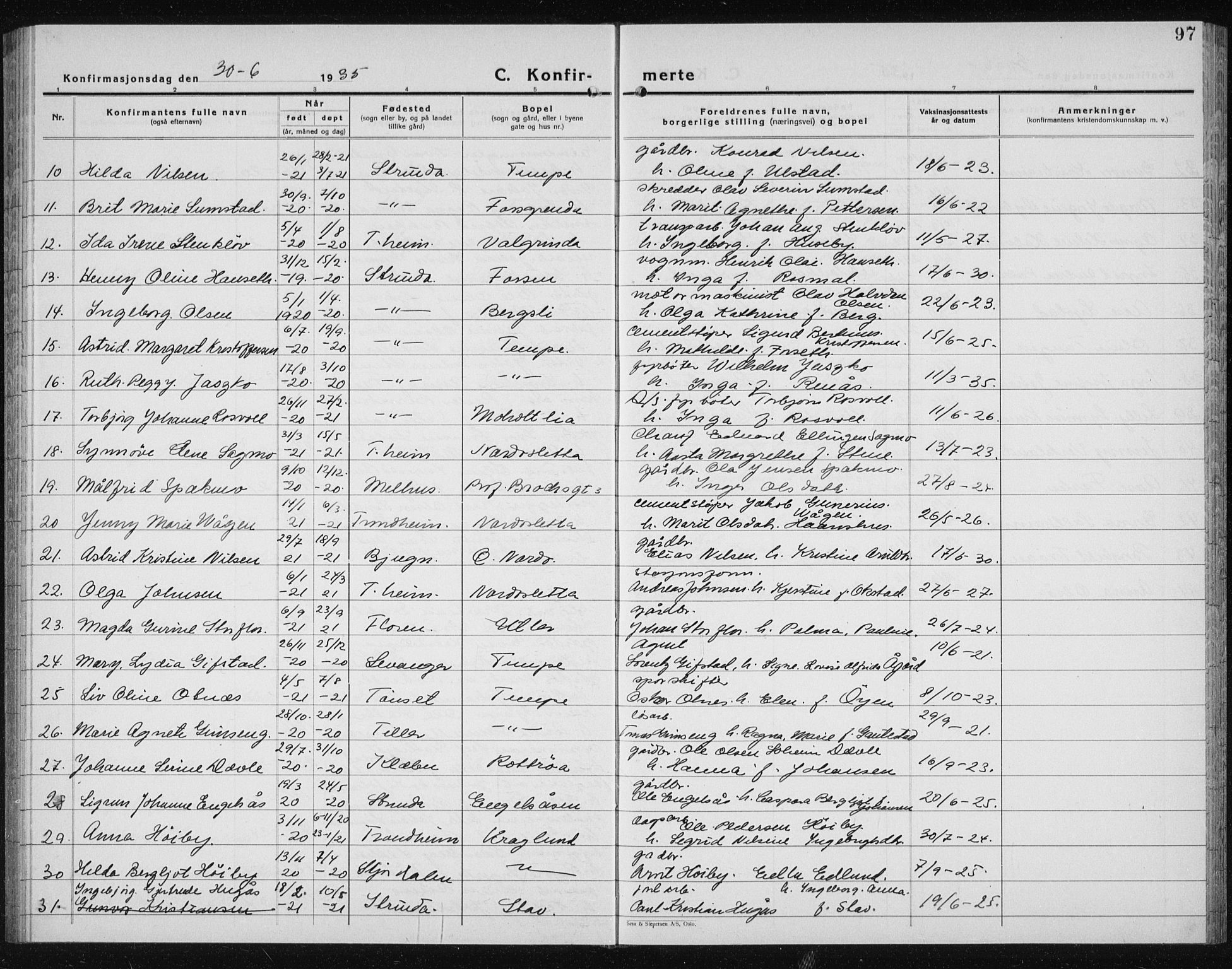 Ministerialprotokoller, klokkerbøker og fødselsregistre - Sør-Trøndelag, AV/SAT-A-1456/607/L0327: Klokkerbok nr. 607C01, 1930-1939, s. 97