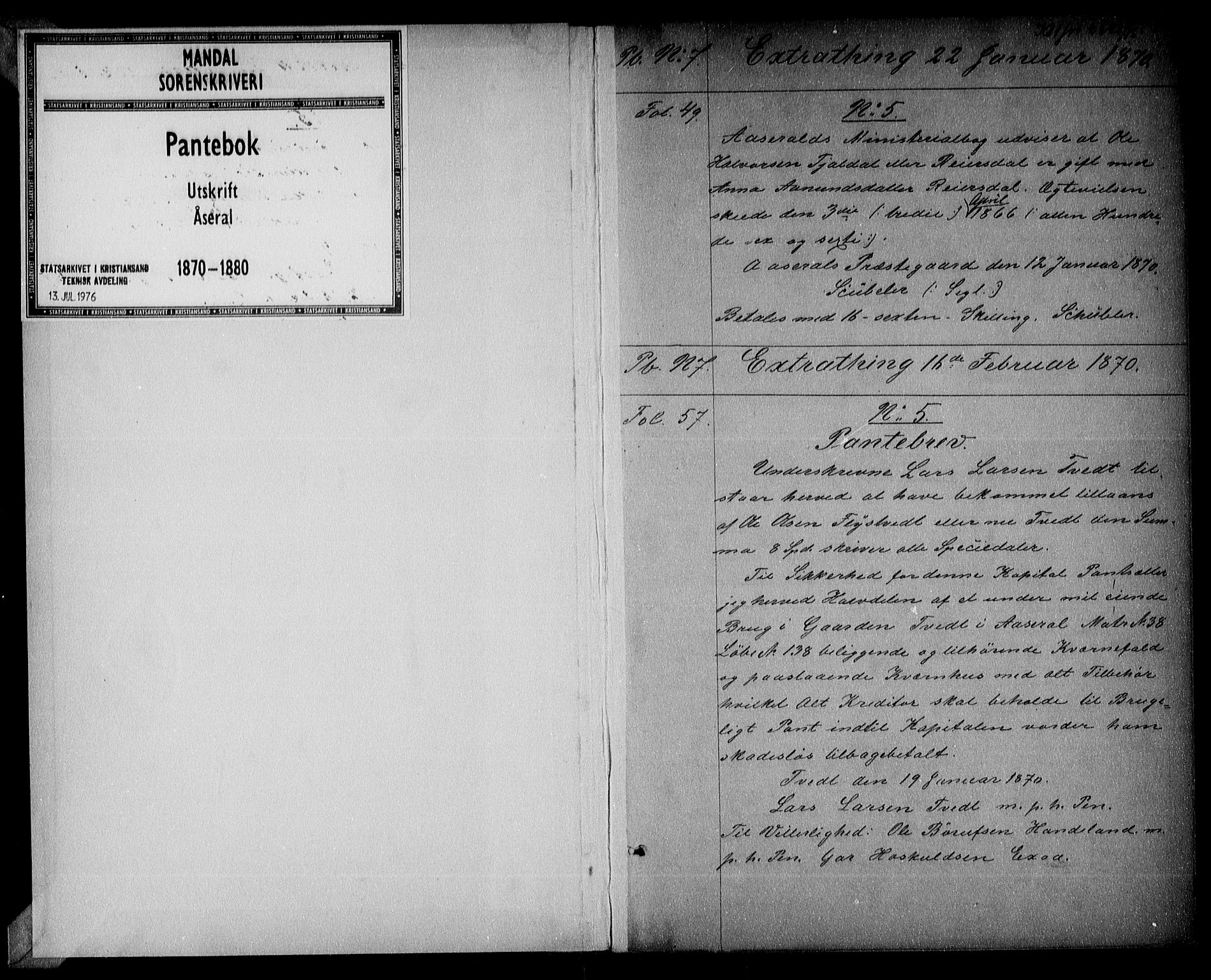 Mandal sorenskriveri, AV/SAK-1221-0005/001/G/Gb/Gbc/L0004: Pantebok nr. 4, 1870-1880, s. 1