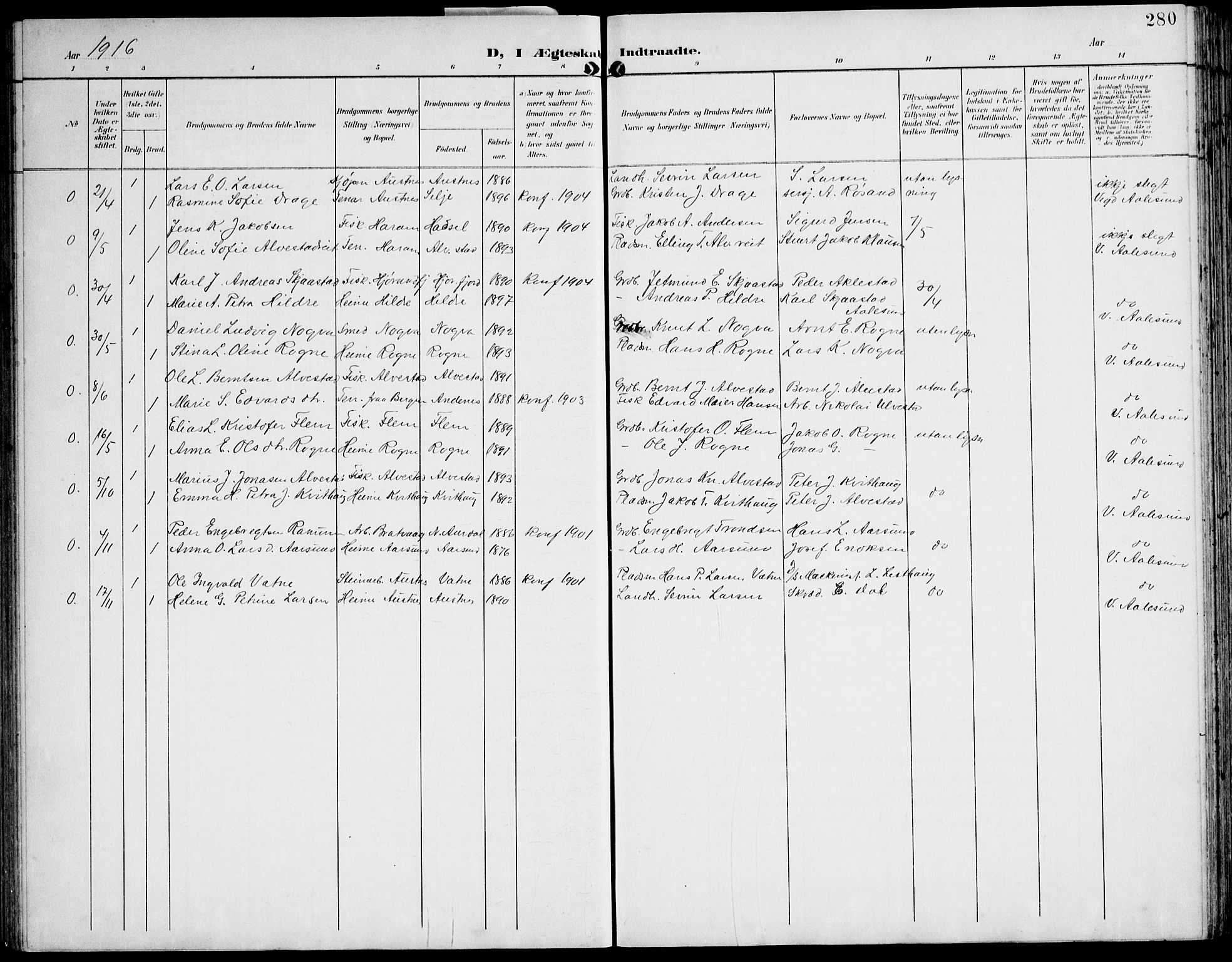 Ministerialprotokoller, klokkerbøker og fødselsregistre - Møre og Romsdal, AV/SAT-A-1454/536/L0511: Klokkerbok nr. 536C06, 1899-1944, s. 280