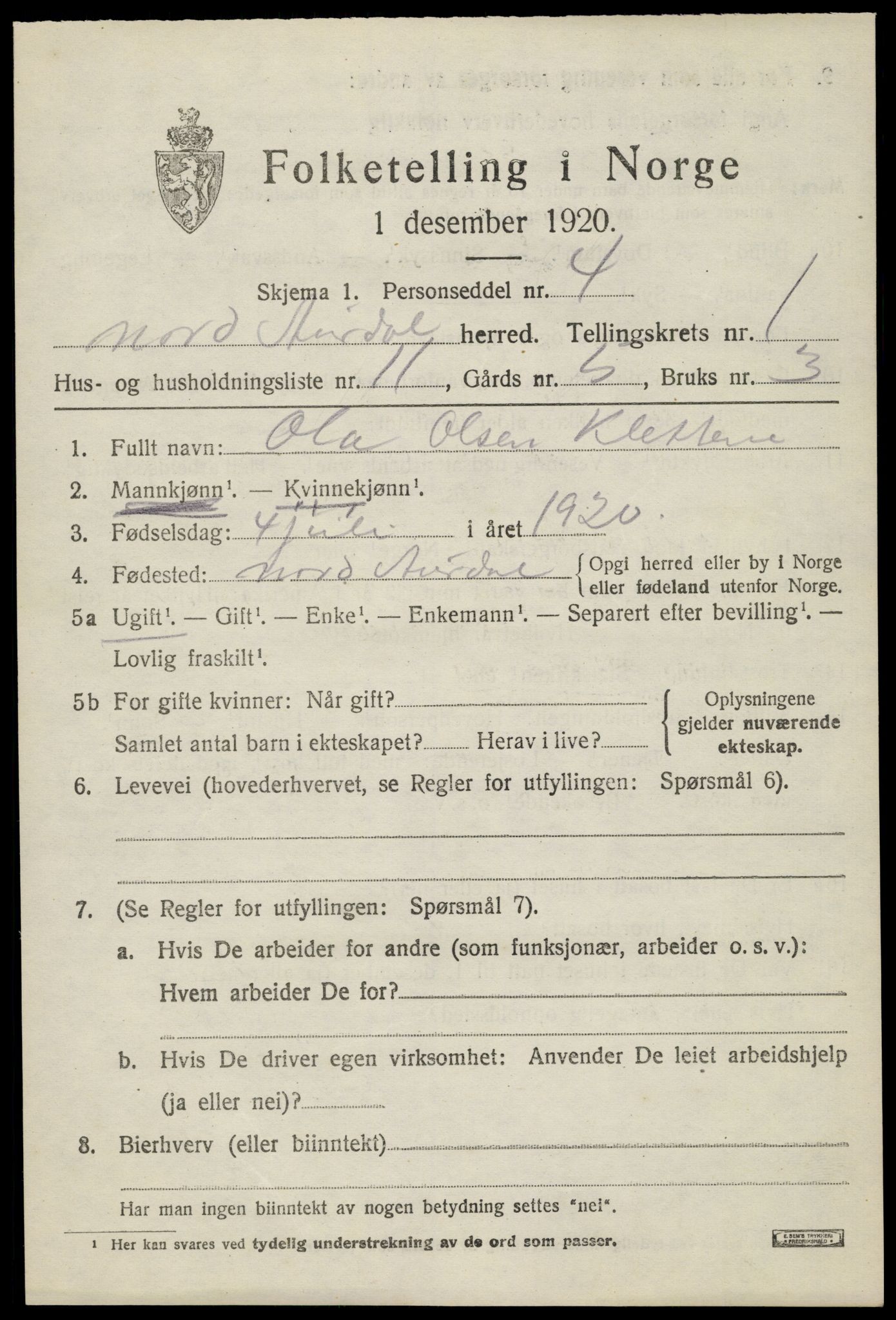 SAH, Folketelling 1920 for 0542 Nord-Aurdal herred, 1920, s. 1998