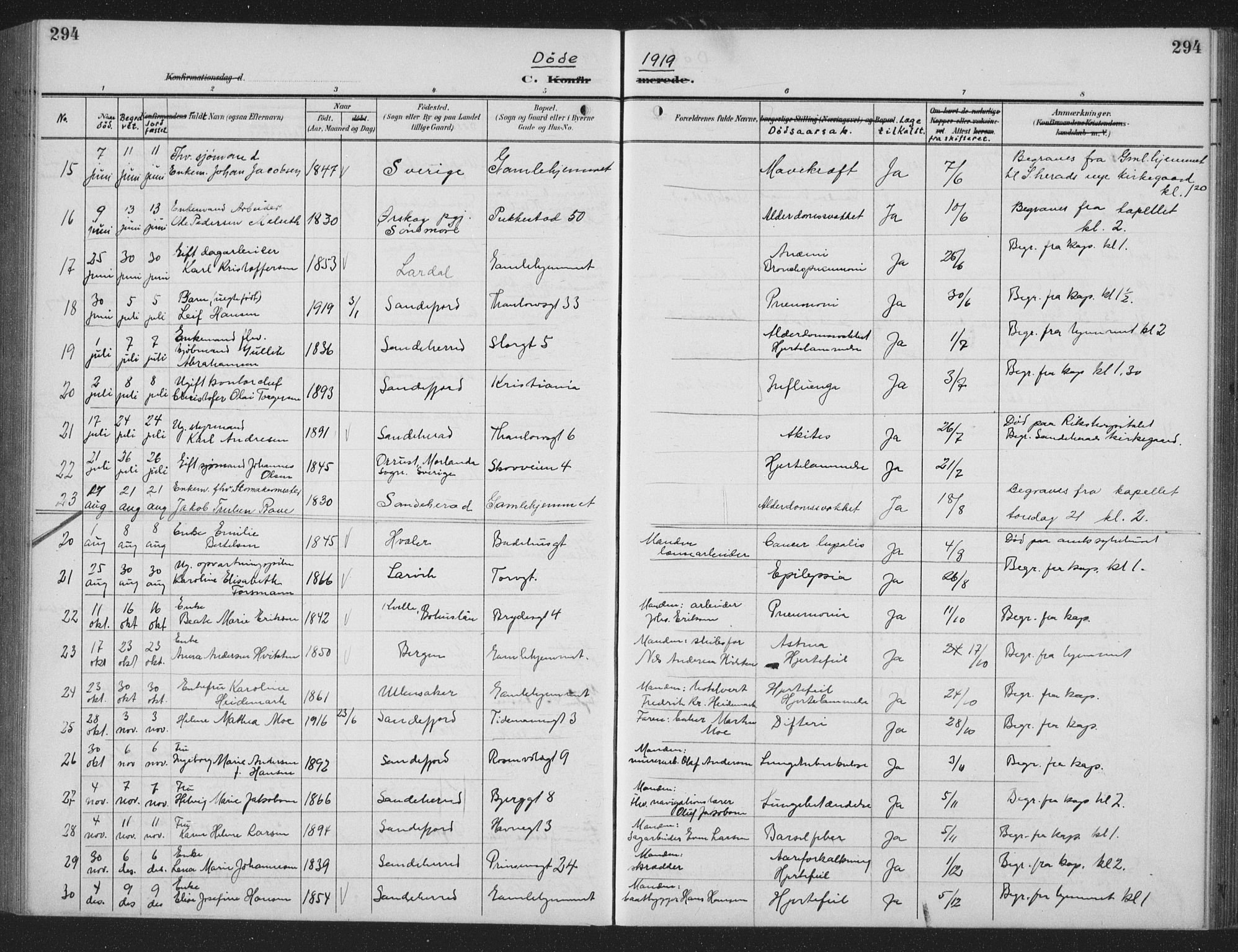 Sandefjord kirkebøker, AV/SAKO-A-315/G/Ga/L0003: Klokkerbok nr. 3, 1903-1920, s. 294