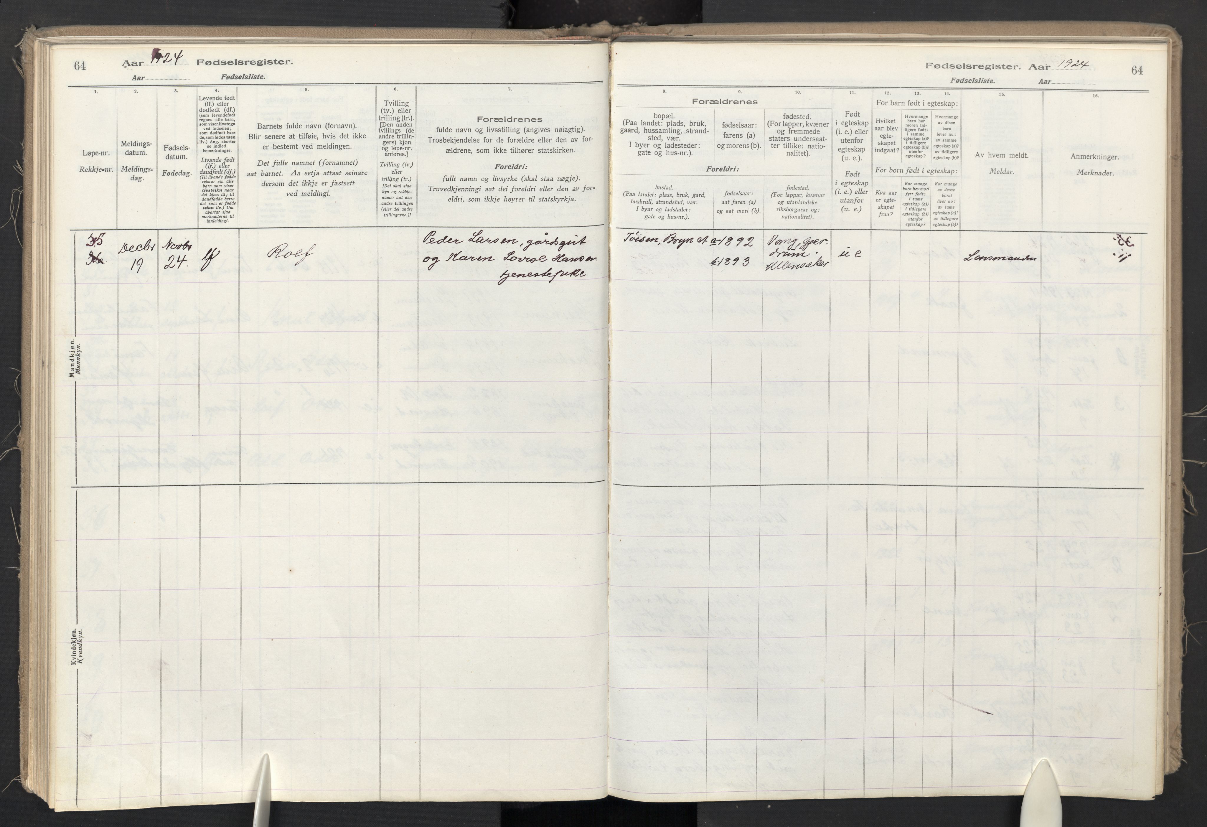 Ullensaker prestekontor Kirkebøker, AV/SAO-A-10236a/J/Jb/L0001: Fødselsregister nr. II 1, 1916-1946, s. 64