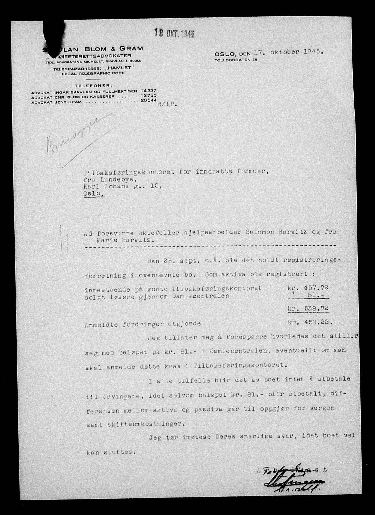 Justisdepartementet, Tilbakeføringskontoret for inndratte formuer, AV/RA-S-1564/H/Hc/Hcc/L0945: --, 1945-1947, s. 8