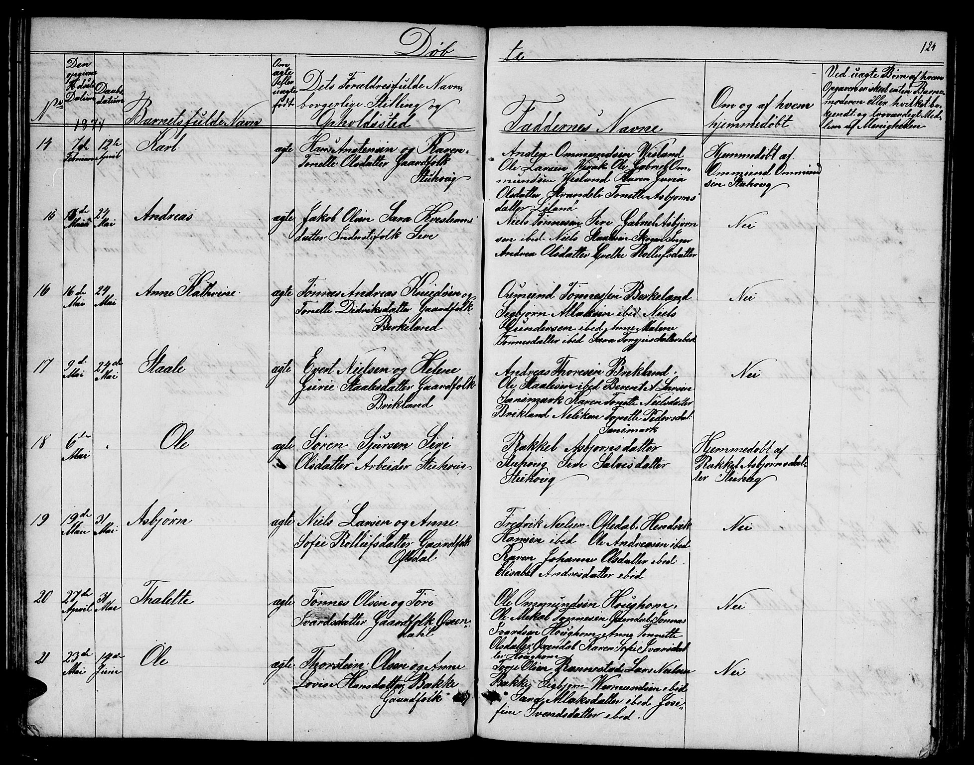 Bakke sokneprestkontor, AV/SAK-1111-0002/F/Fb/Fba/L0001: Klokkerbok nr. B 1, 1849-1879, s. 124