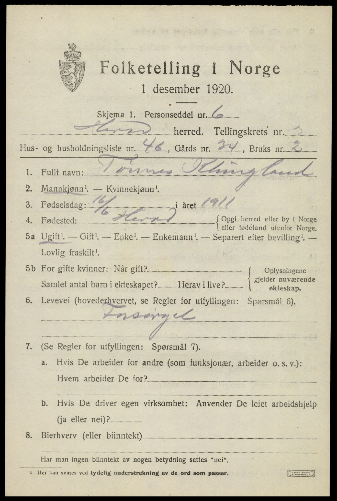 SAK, Folketelling 1920 for 1039 Herad herred, 1920, s. 1686