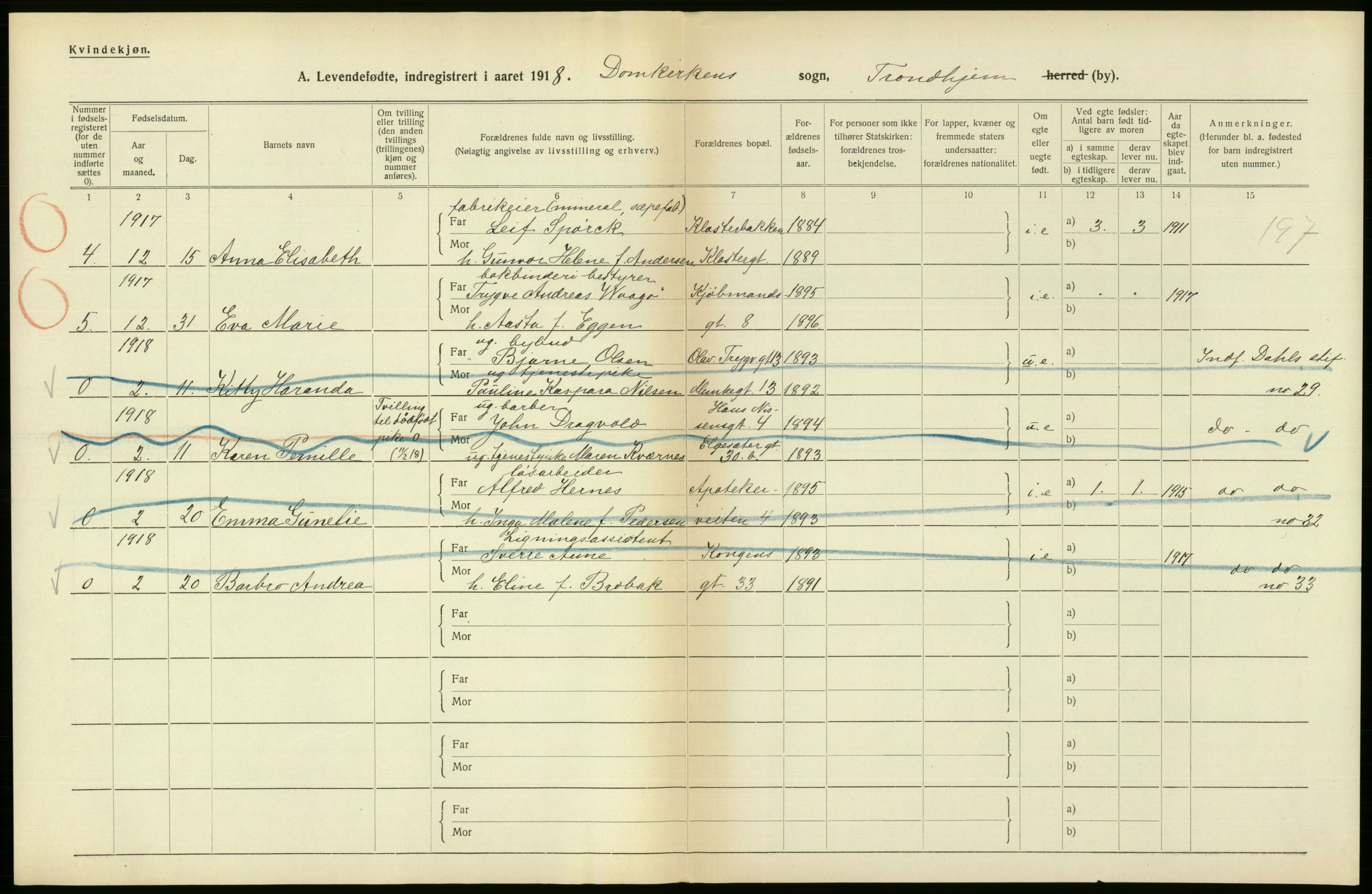 Statistisk sentralbyrå, Sosiodemografiske emner, Befolkning, AV/RA-S-2228/D/Df/Dfb/Dfbh/L0048: Trondheim: Levendefødte menn og kvinner, gifte., 1918, s. 536