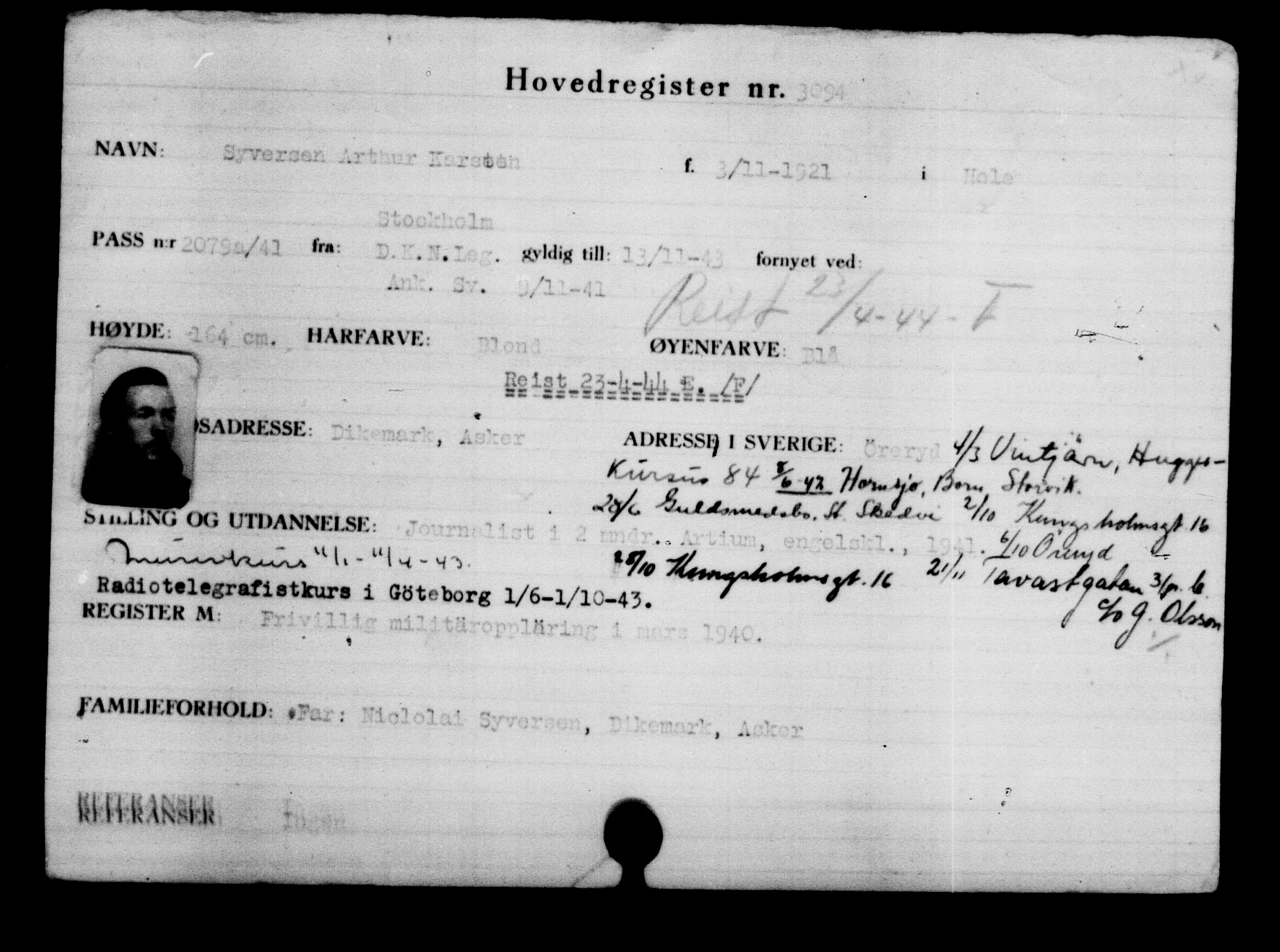Utenriksstasjonene, Legasjonen i Stockholm, Flyktningkontoret, AV/RA-S-6753/V/Va/L0003: Kjesäterkartoteket, flyktninger med registreringsnr. 2001-3495, 1940-1945, s. 1524