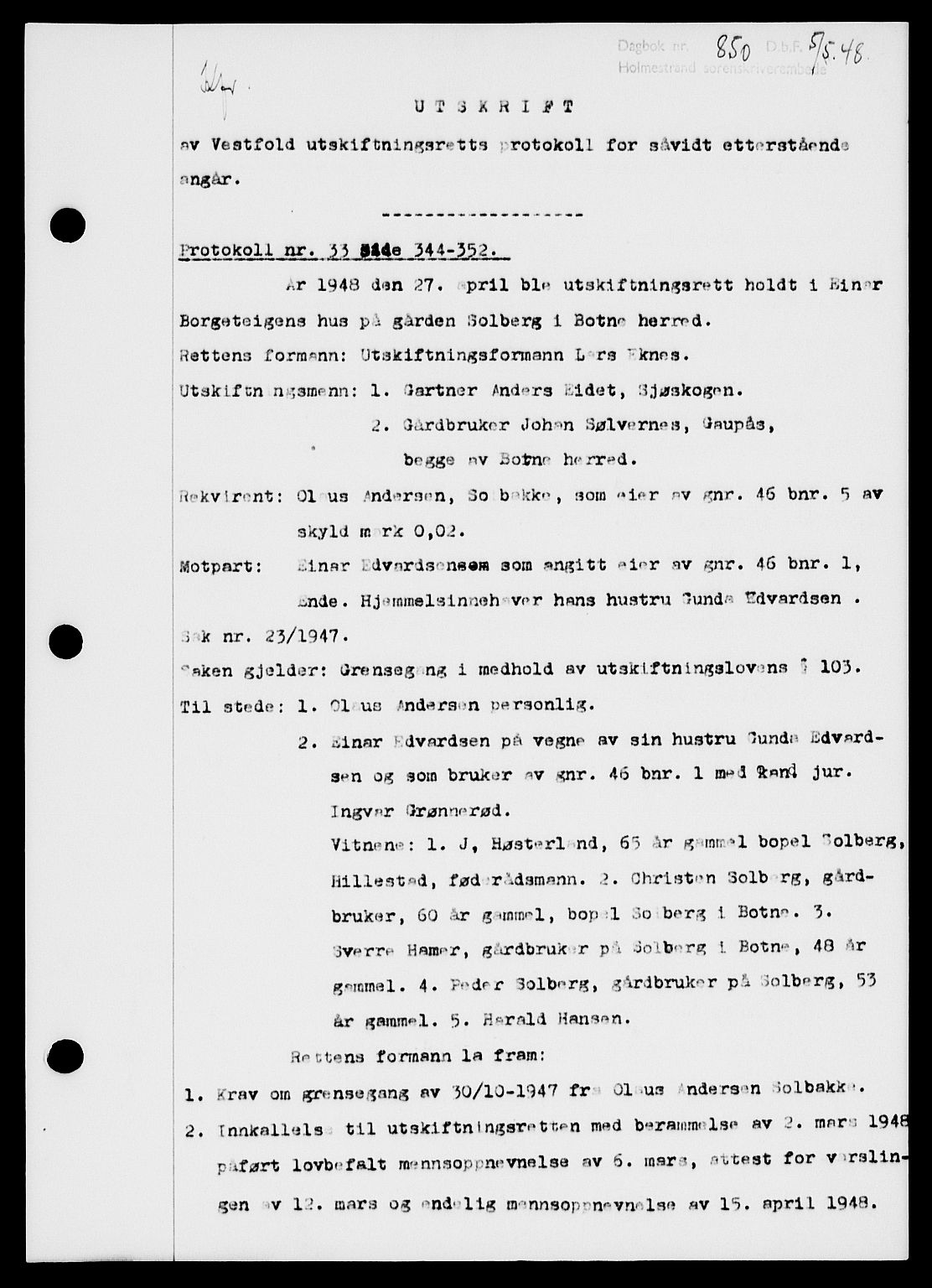 Holmestrand sorenskriveri, SAKO/A-67/G/Ga/Gaa/L0064: Pantebok nr. A-64, 1948-1948, Dagboknr: 850/1948