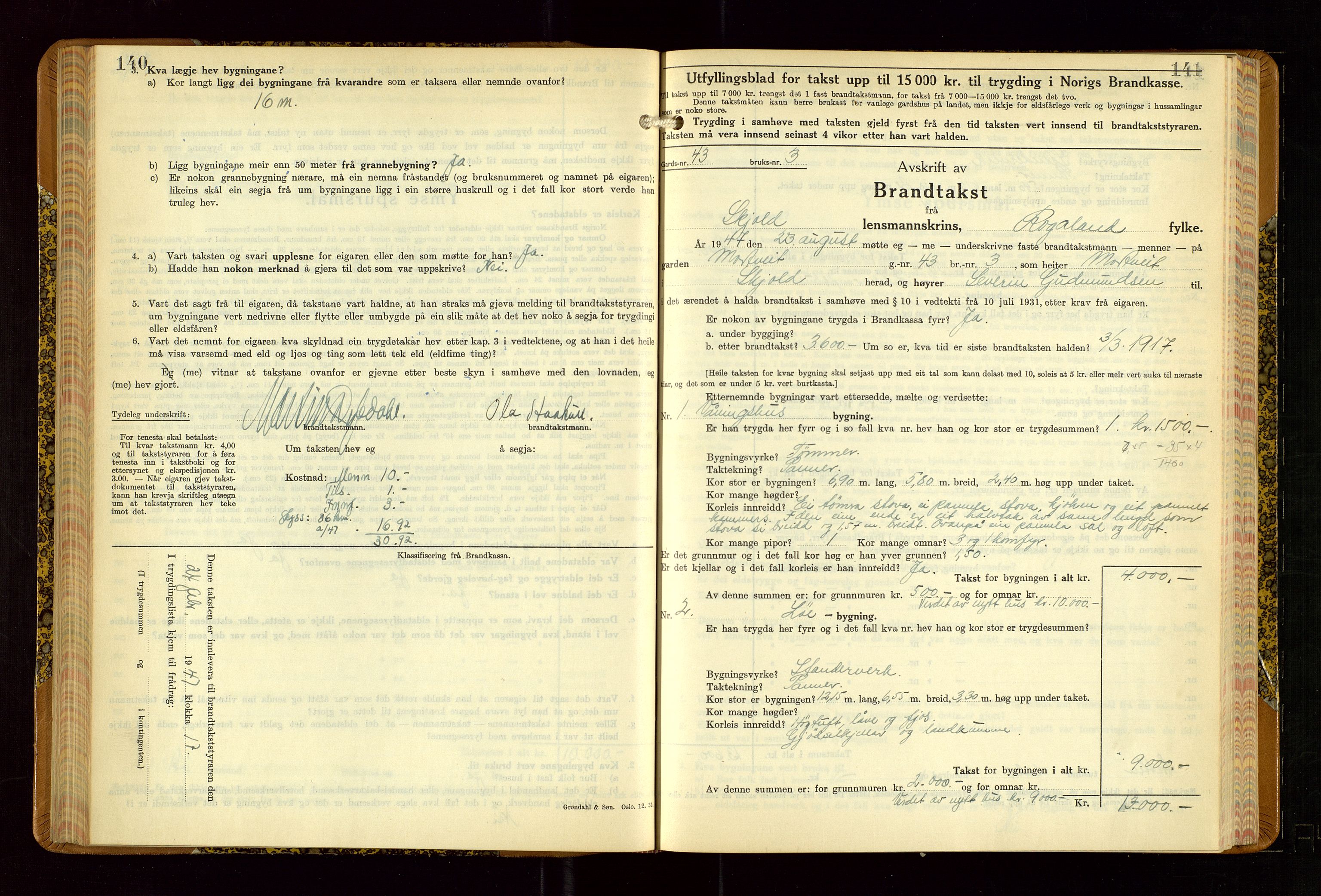 Skjold lensmannskontor, AV/SAST-A-100182/Gob/L0002: "Branntakstbok for Skjold lensmannskrins Rogaland fylke", 1939-1952, s. 140-141