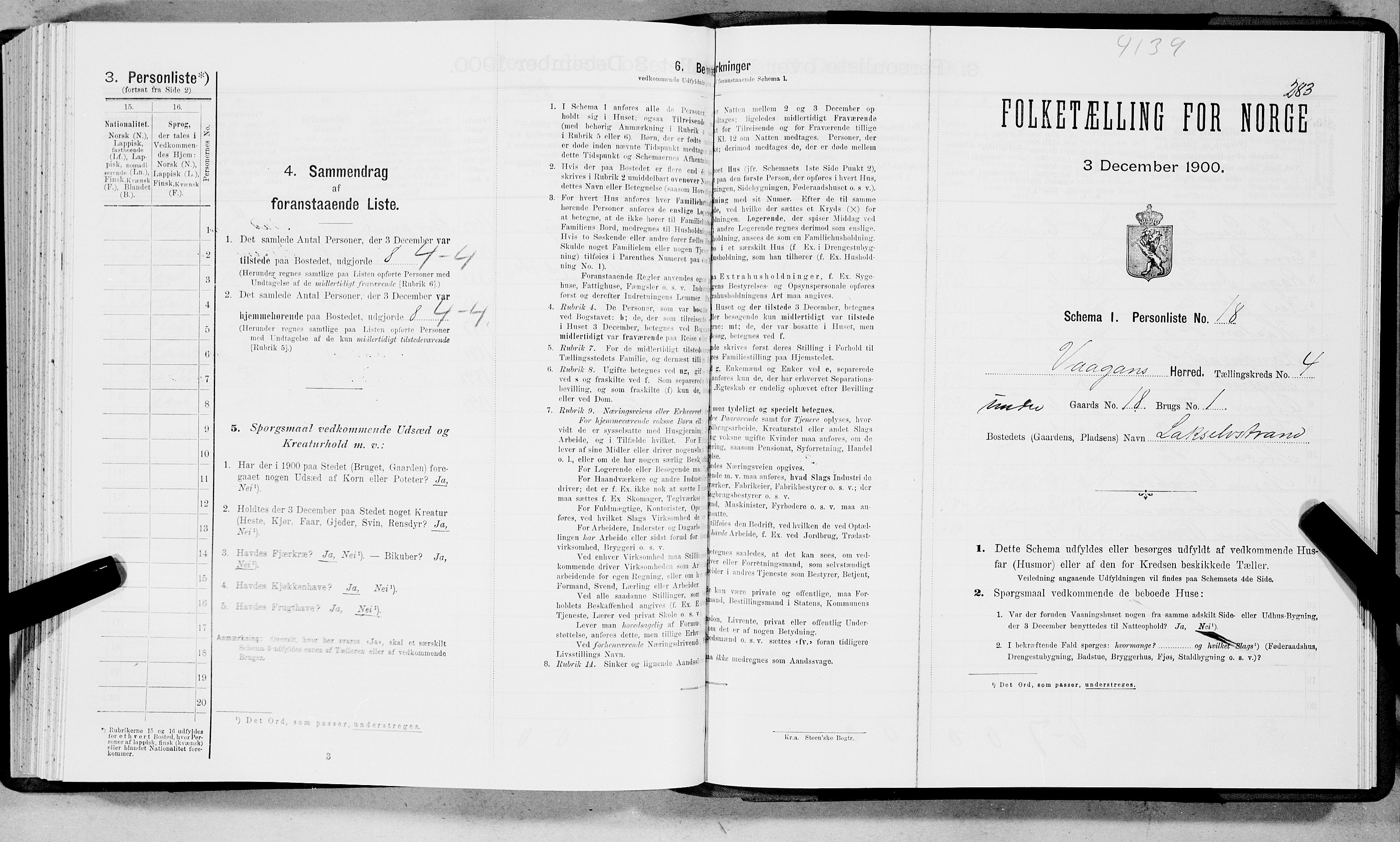 SAT, Folketelling 1900 for 1865 Vågan herred, 1900, s. 284