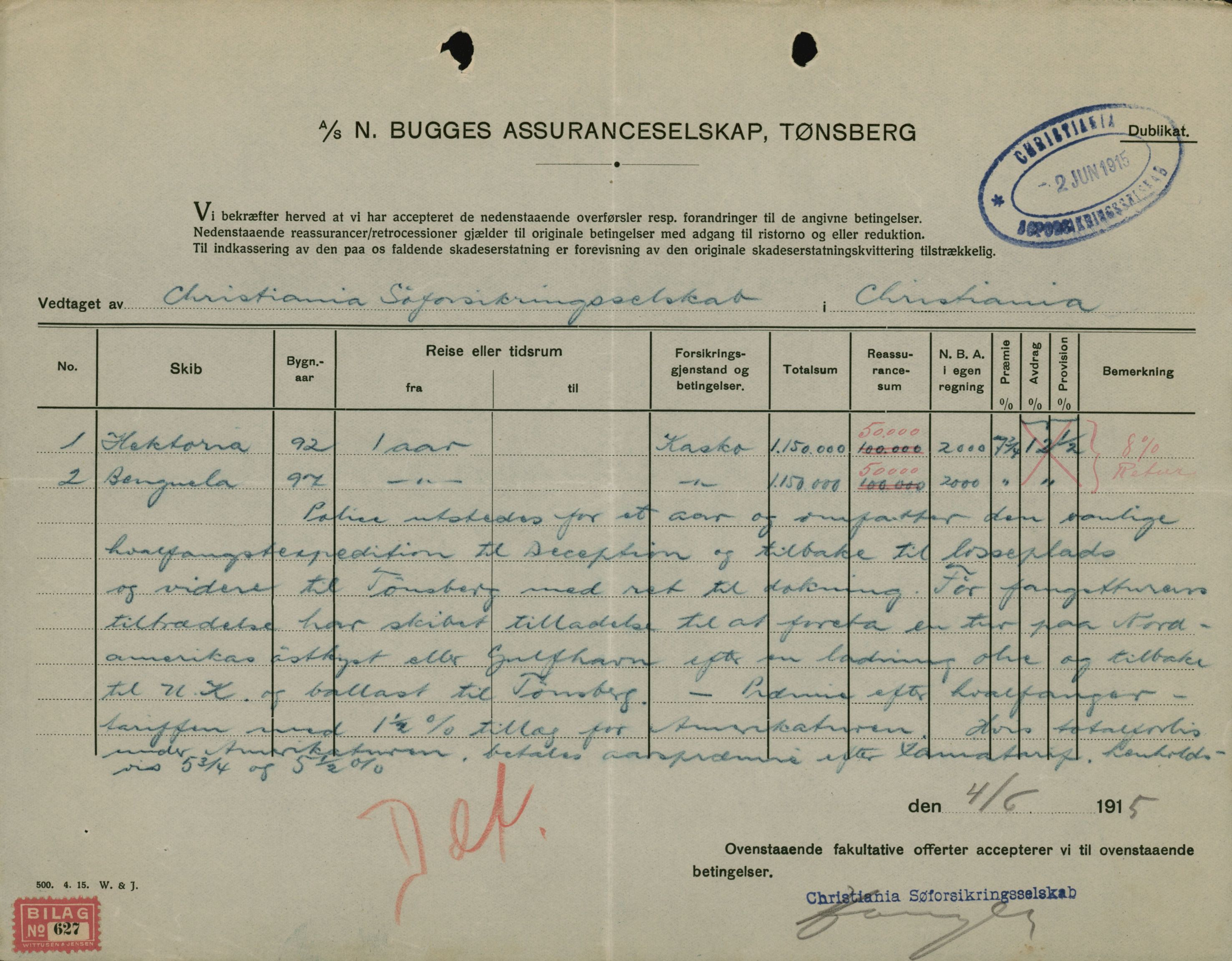 Pa 664 - Tønsberg Sjøforsikringsselskap, VEMU/A-1773/F/L0001: Forsikringspoliser, 1915-1918