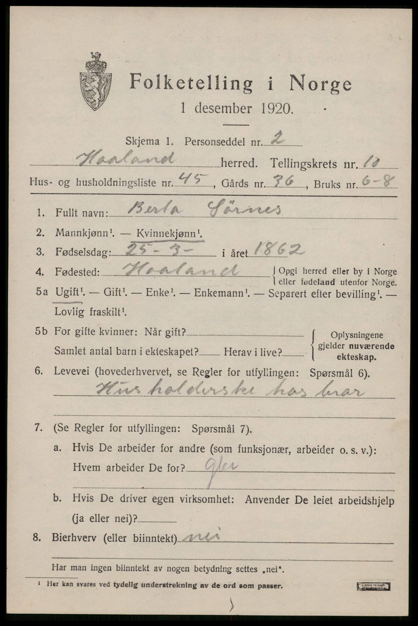 SAST, Folketelling 1920 for 1124 Håland herred, 1920, s. 7905