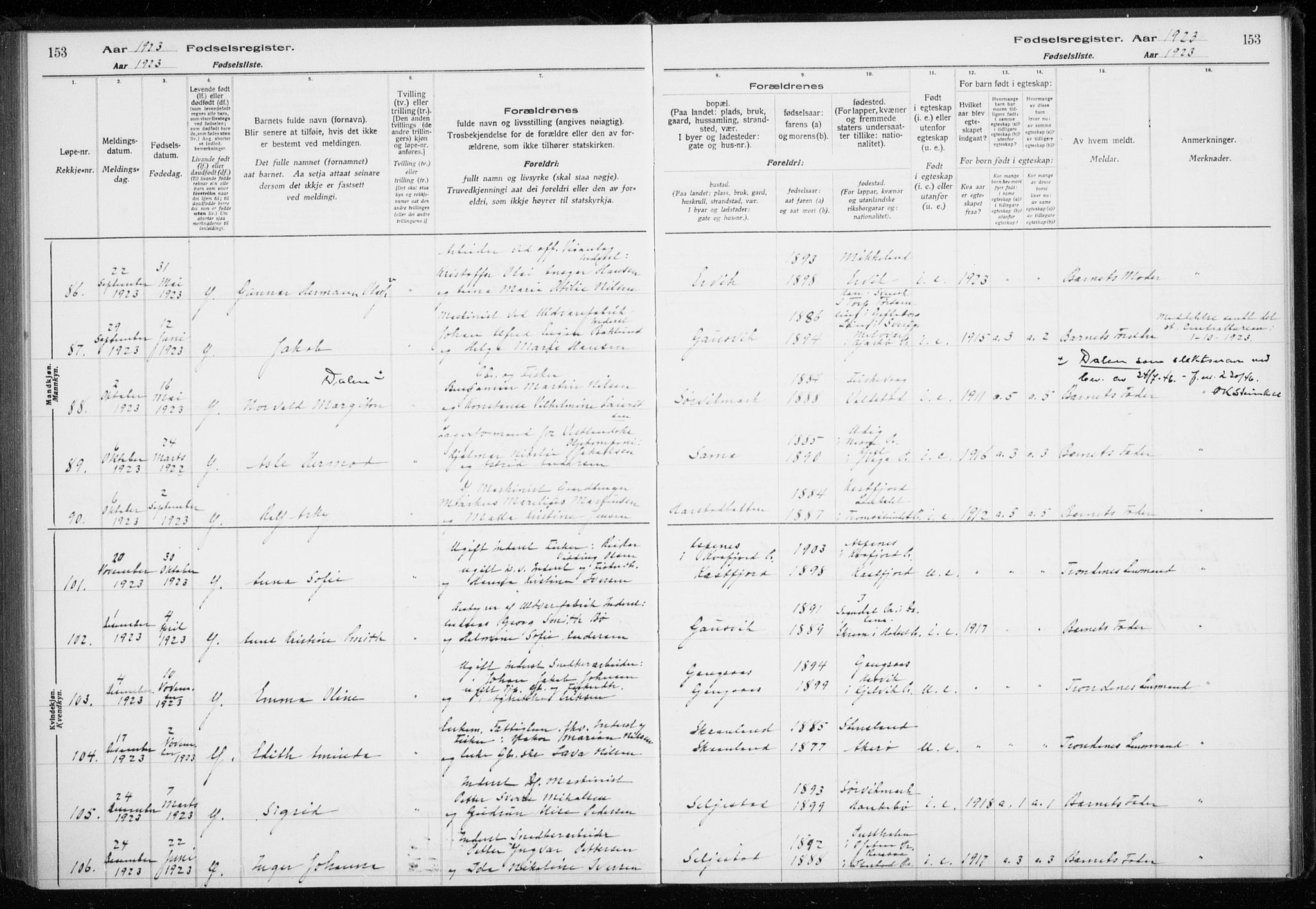 Trondenes sokneprestkontor, AV/SATØ-S-1319/I/Ia/L0089: Fødselsregister nr. 89, 1916-1925, s. 153