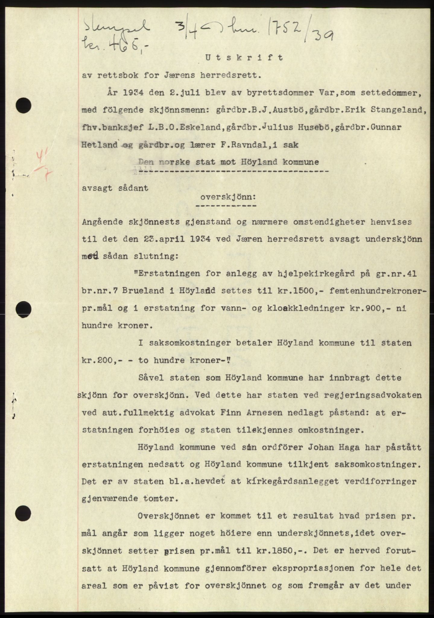 Jæren sorenskriveri, SAST/A-100310/03/G/Gba/L0074: Pantebok, 1939-1939, Dagboknr: 1752/1939