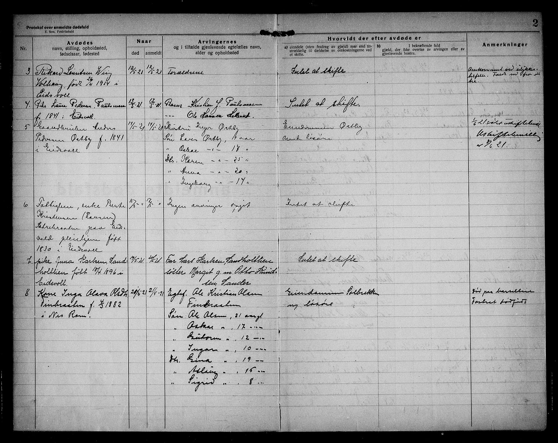 Eidsvoll lensmannskontor, SAO/A-10266a/H/Ha/Haa/L0005: Dødsfallprotokoll, 1921-1930, s. 2