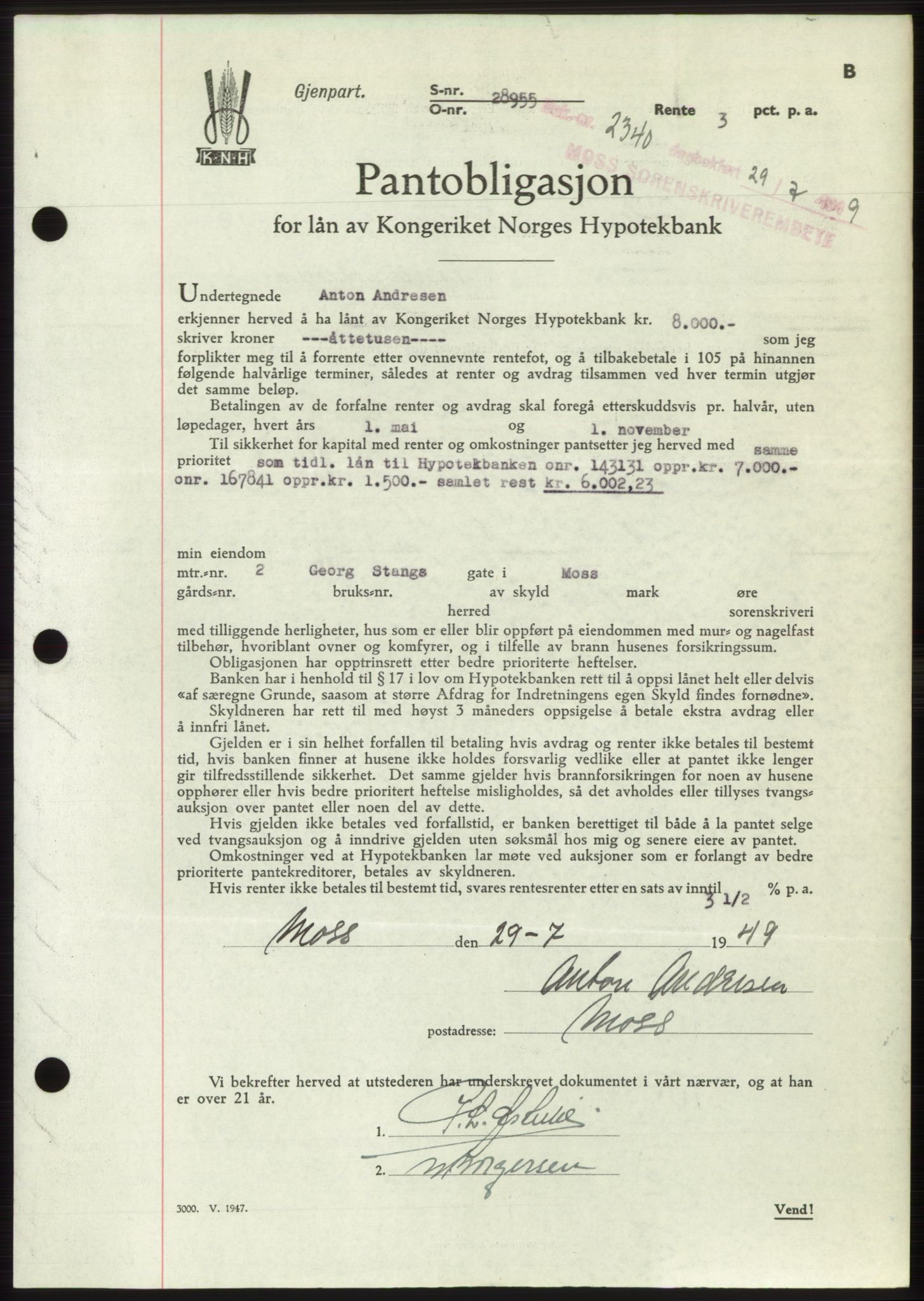 Moss sorenskriveri, SAO/A-10168: Pantebok nr. B22, 1949-1949, Dagboknr: 2340/1949