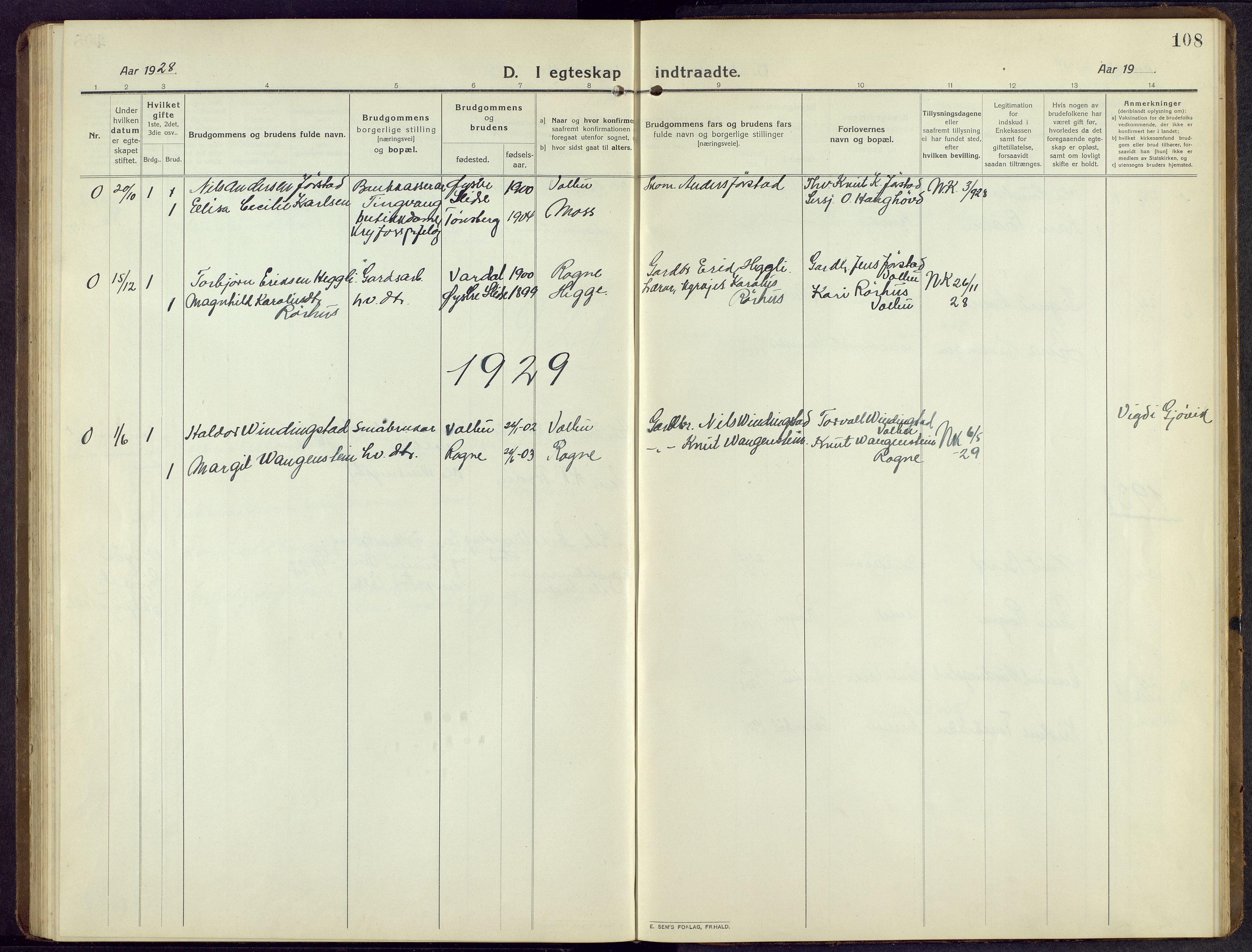 Øystre Slidre prestekontor, AV/SAH-PREST-138/H/Ha/Hab/L0009: Klokkerbok nr. 9, 1917-1952, s. 108
