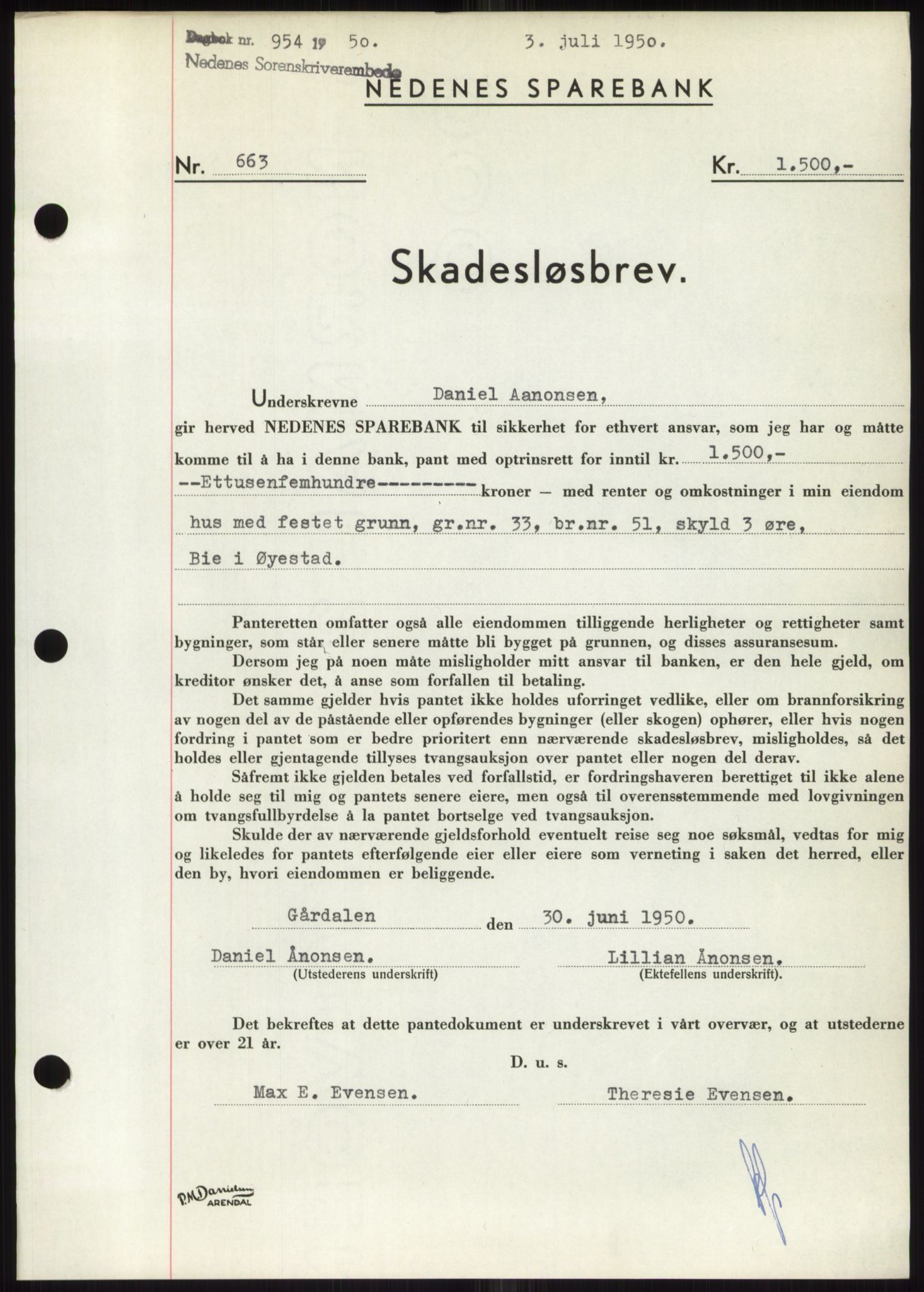 Nedenes sorenskriveri, SAK/1221-0006/G/Gb/Gbb/L0007: Pantebok nr. B7, 1949-1950, Dagboknr: 954/1950