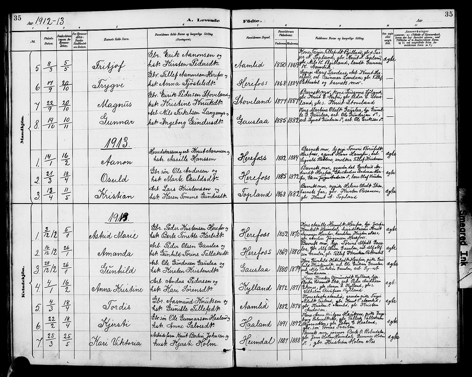 Herefoss sokneprestkontor, AV/SAK-1111-0019/F/Fb/Fba/L0003: Klokkerbok nr. B 3, 1887-1925, s. 35