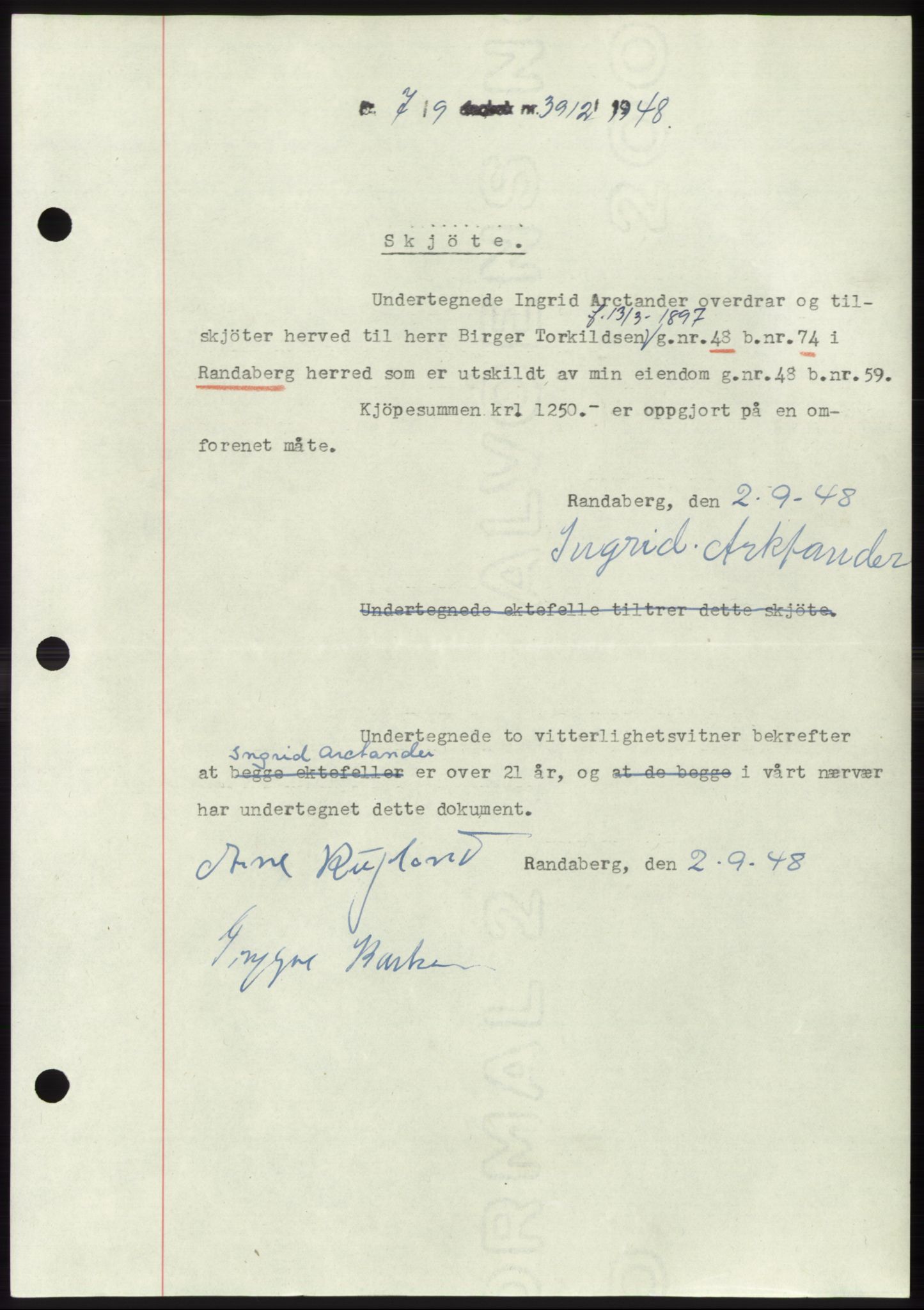 Jæren sorenskriveri, SAST/A-100310/03/G/Gba/L0100: Pantebok, 1948-1948, Dagboknr: 3912/1948