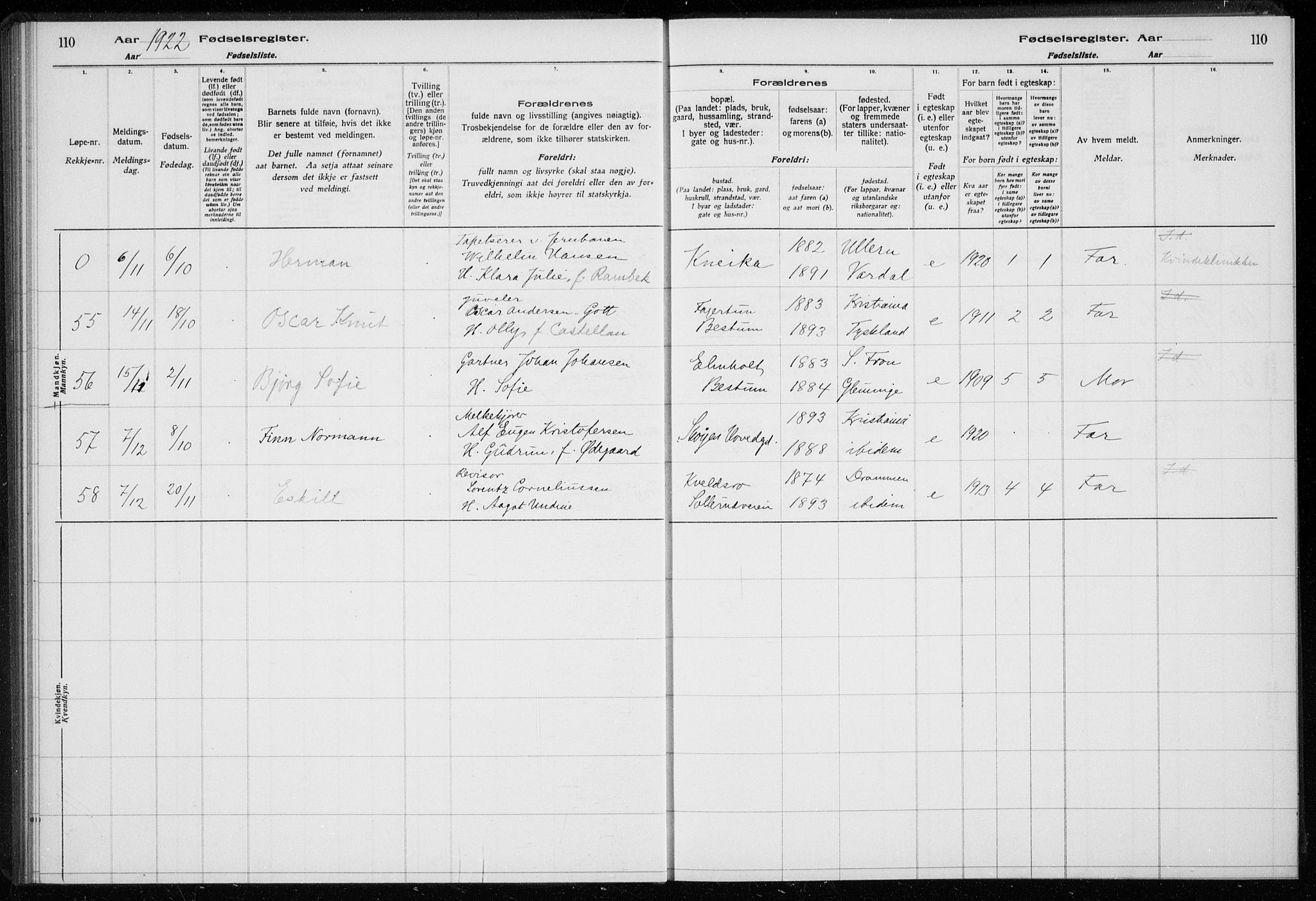 Ullern prestekontor Kirkebøker, AV/SAO-A-10740/J/L0001: Fødselsregister nr. 1, 1916-1928, s. 110