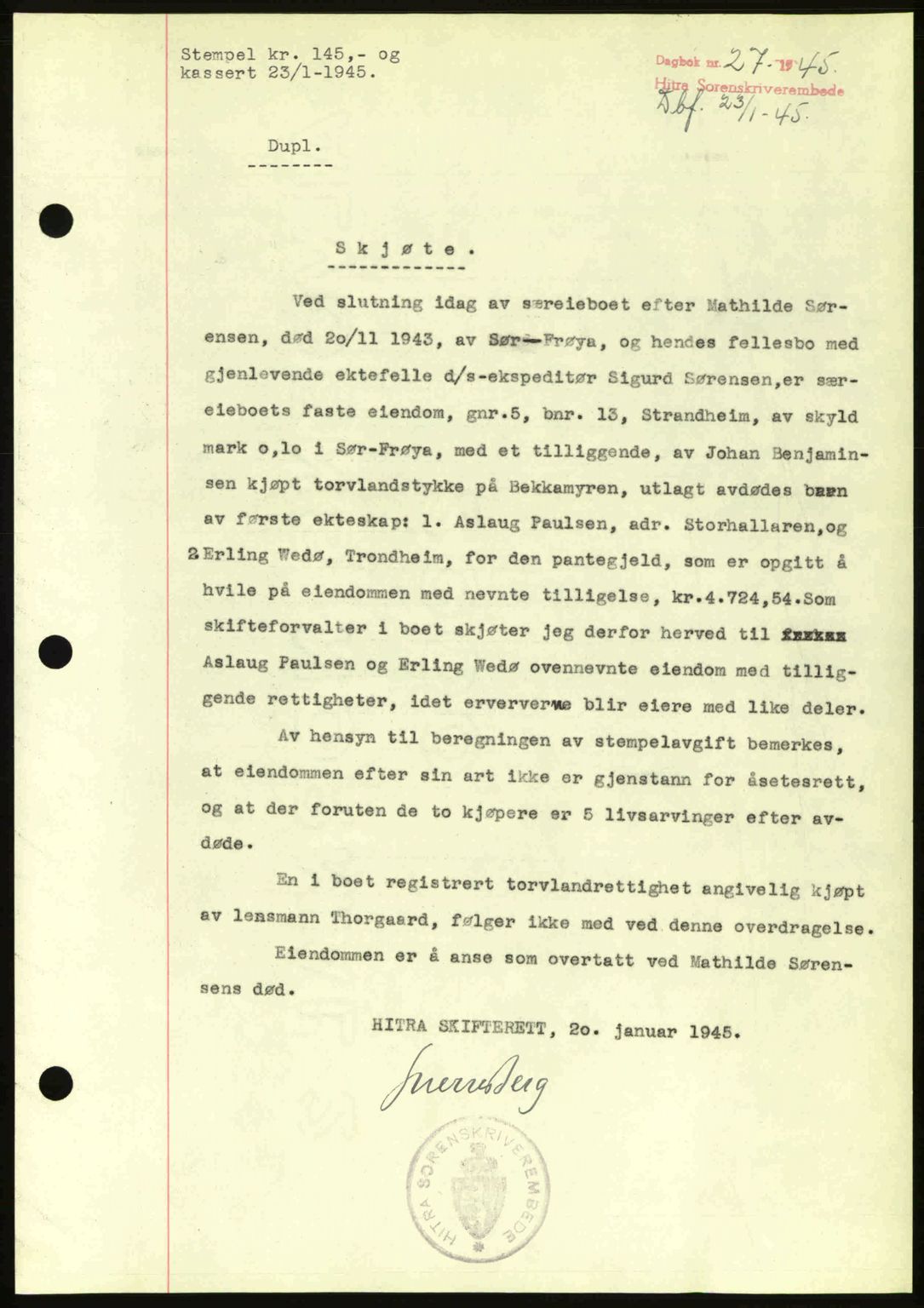 Hitra sorenskriveri, AV/SAT-A-0018/2/2C/2Ca: Pantebok nr. A2, 1943-1945, Dagboknr: 27/1945