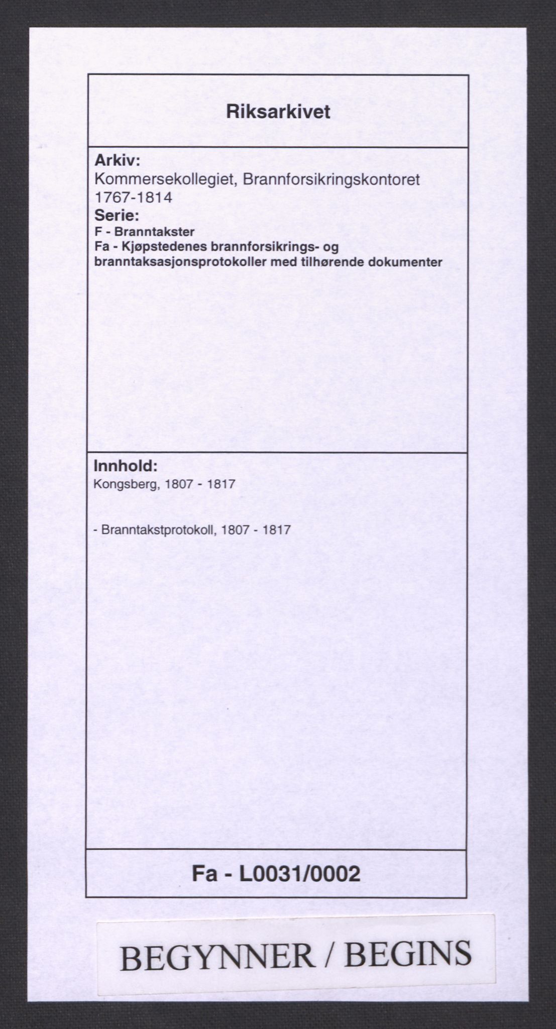 Kommersekollegiet, Brannforsikringskontoret 1767-1814, RA/EA-5458/F/Fa/L0031/0002: Kongsberg / Branntakstprotokoll, 1807-1817