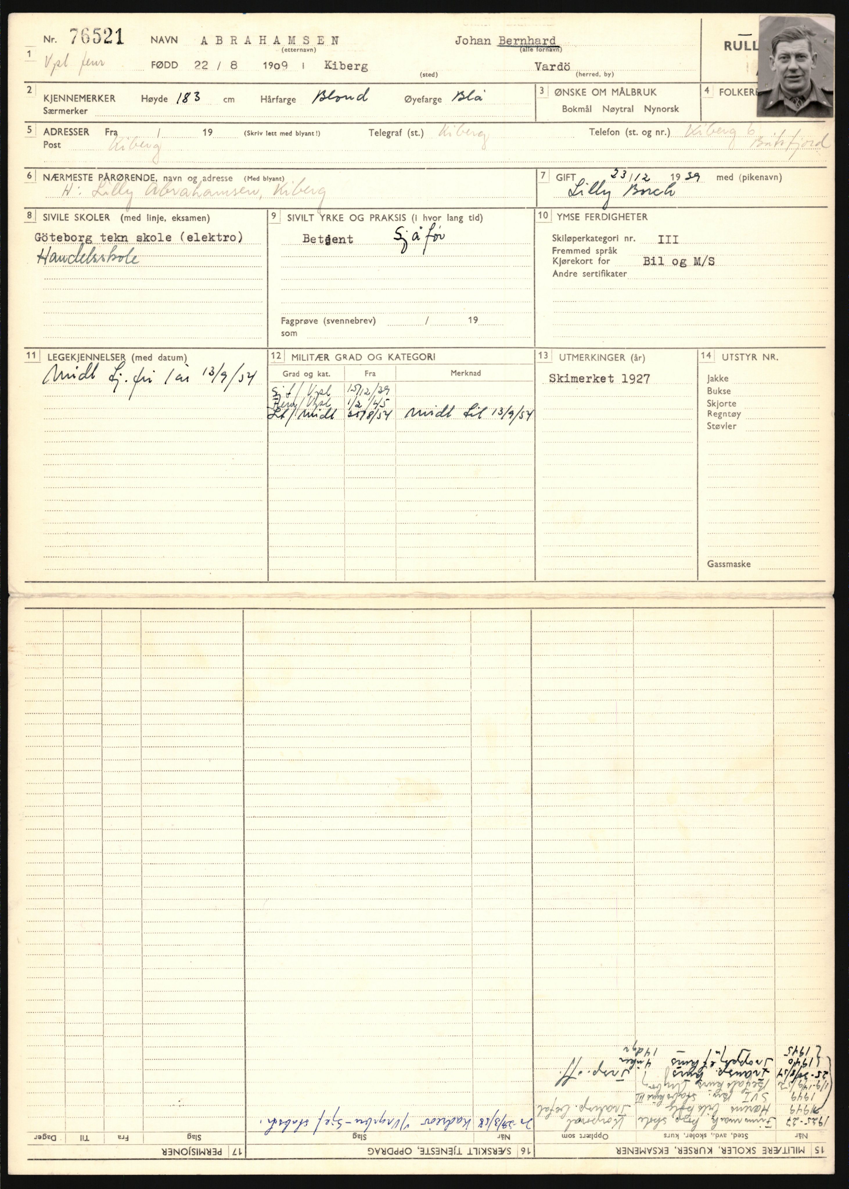 Forsvaret, Varanger bataljon, AV/RA-RAFA-2258/1/D/L0455: Rulleblad og tjenesteuttalelser for befal født 1894-1896, 1901-1909 og 1911-1915, 1894-1915, s. 98