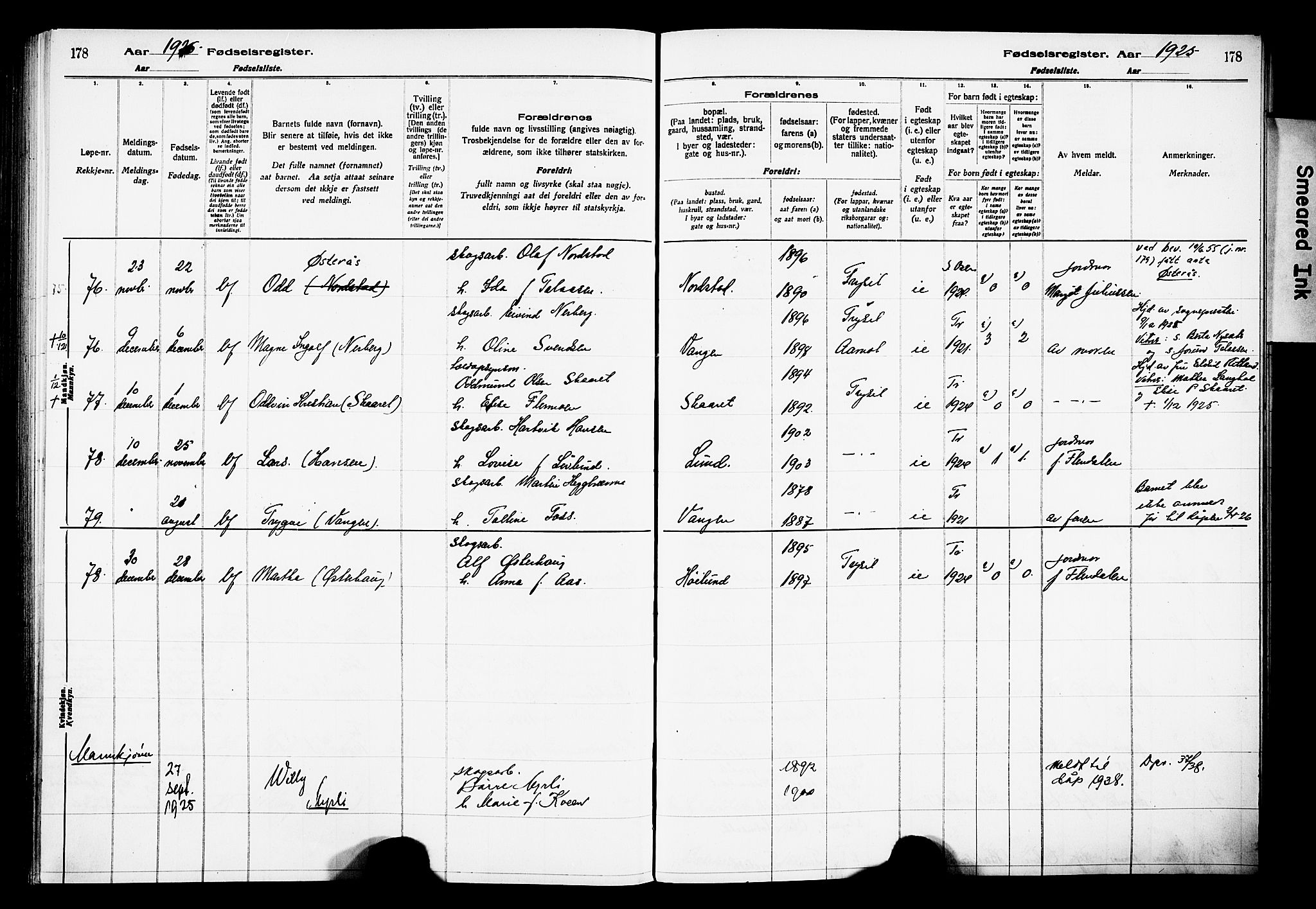 Trysil prestekontor, AV/SAH-PREST-046/I/Id/Ida/L0001: Fødselsregister nr. I 1, 1916-1927, s. 178
