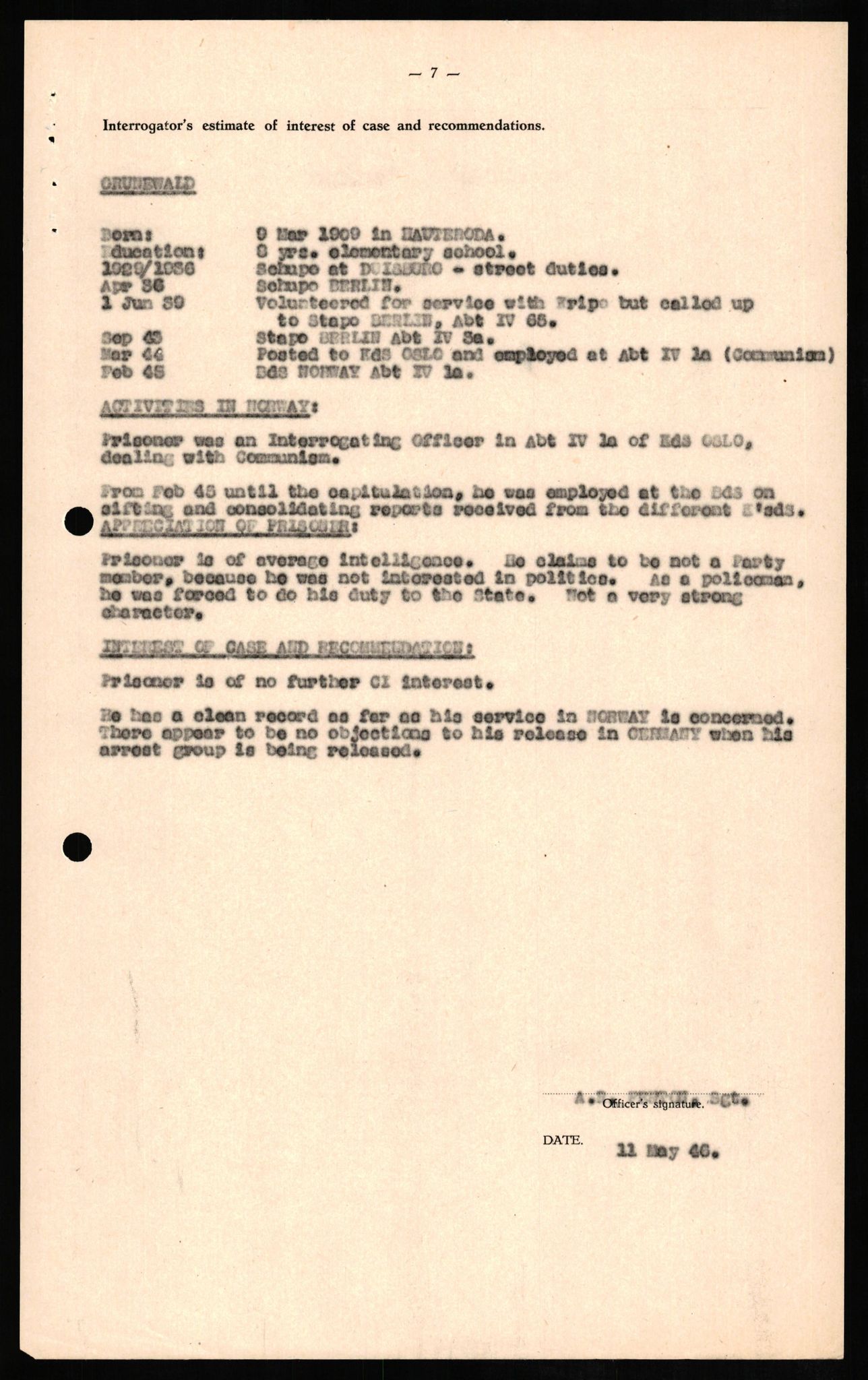 Forsvaret, Forsvarets overkommando II, AV/RA-RAFA-3915/D/Db/L0010: CI Questionaires. Tyske okkupasjonsstyrker i Norge. Tyskere., 1945-1946, s. 438