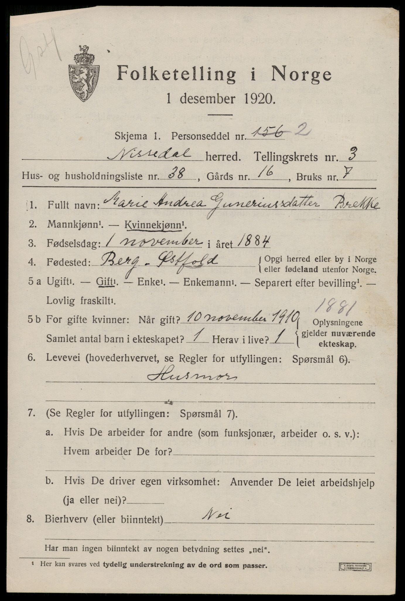 SAKO, Folketelling 1920 for 0830 Nissedal herred, 1920, s. 1809