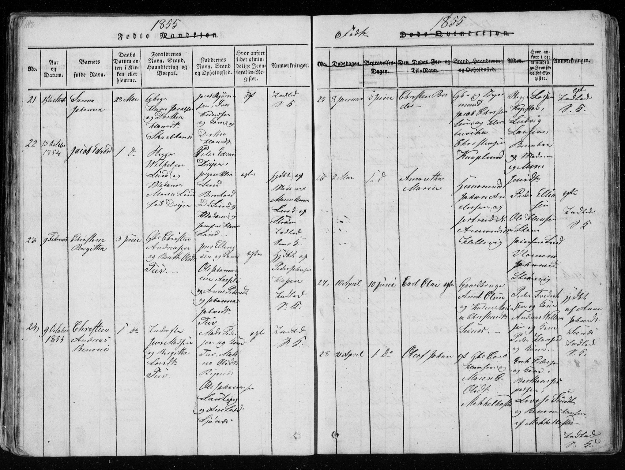 Ministerialprotokoller, klokkerbøker og fødselsregistre - Nordland, SAT/A-1459/801/L0026: Klokkerbok nr. 801C01, 1820-1855, s. 182-183