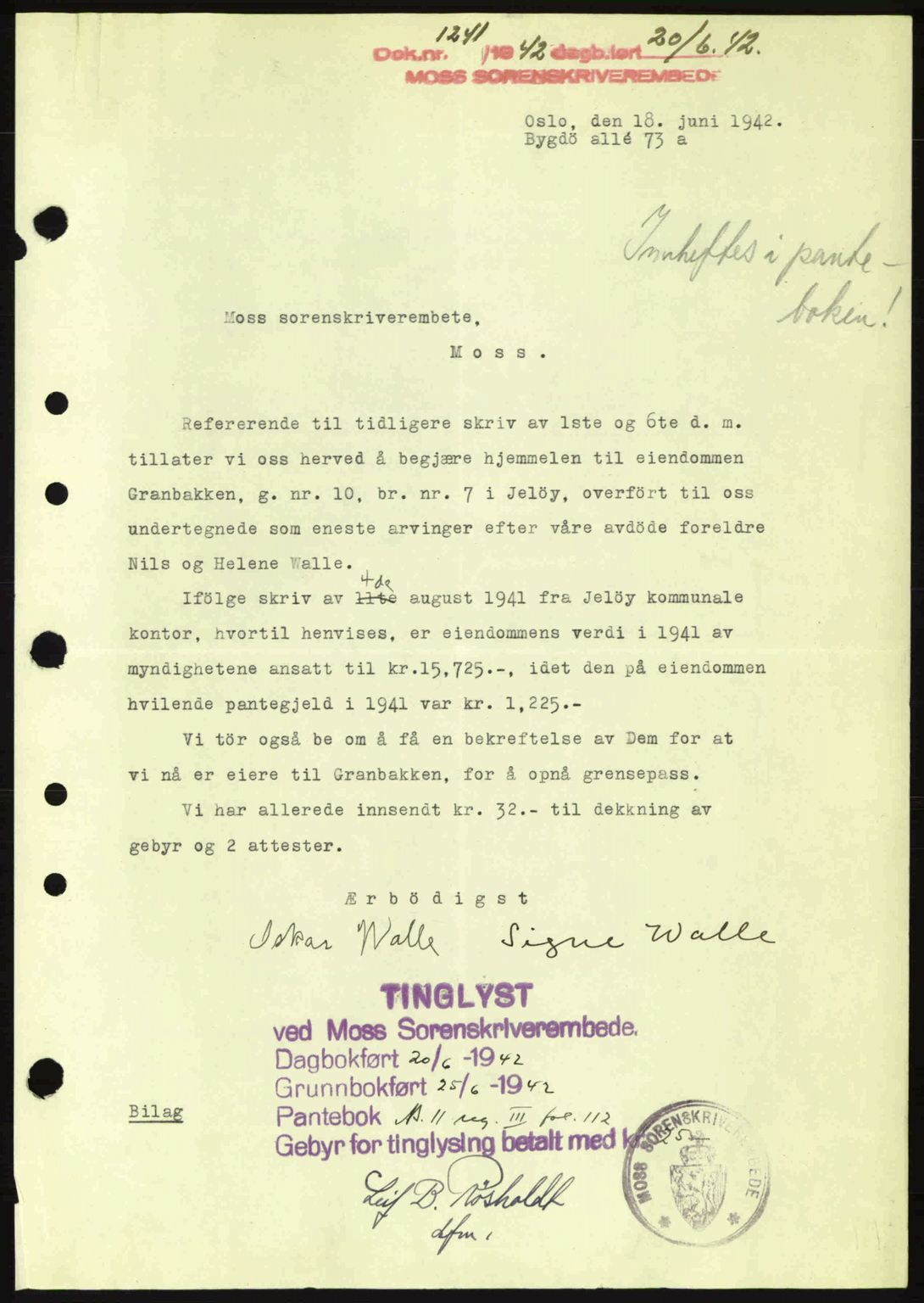Moss sorenskriveri, SAO/A-10168: Pantebok nr. A9, 1941-1942, Dagboknr: 1241/1942